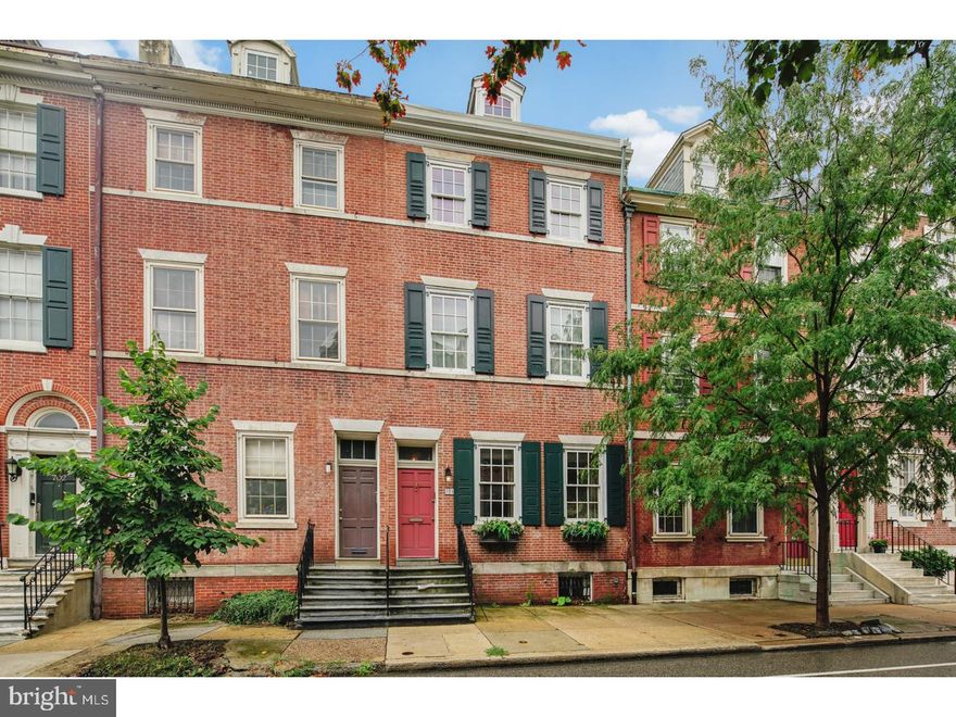 Fantastic opportunity to add your special touches to a marvelous, large historic Federal style Society Hill townhome c1810. Its features include a 2 CAR GARAGE, EXQUISITE GARDEN, WONDERFUL LAYOUT,PERIOD DETAILS - high ceilings,beautiful original wood fireplace mantels,moldings and a central hall staircase known as the "London town-house plan". Off the carrera marble entry hall is the DR with large windows, hrdwd floors, moldings, fp  and a coat closet. The LV has hrdwd floors, moldings, a fp, built-in bookshelves, a window viewing the garden,and a powder room. The spacious, open kit has ample cabinets and counter space, a 6 burner restaurant range, a charming breakfast room by a bay window viewing the garden and there is a door to the garden. The entire 2nd fl is the MBR suite including a bedroom w a fp,large windows,hrdwd floors, a sitting room/den ( could also be used as a bedroom)with a fp and walk-in closet. The full bath has a linen closet and beyond it is a dressing room ( could be used as an office)w  an organized closet and juliet balcony overlooking the garden with Mercer tile work around the balcony windows. On the 3rd fl is a large 2nd bedroom w hrdwd floors, a full bath in the hallway, 3rd bedroom with w/w carpet, washer/dryer, a solarium/greenhouse w Marvin glass doors to a deck. 4th fl is a loft-like area with a dormer room,a lrge closet in hall and a skylight floods the stairs w lovely natural light. The basement is large, cement w mechanicals. Of additional note, the staircase on the 1st & 2nd fls was rebuilt and all the balusters replaced. The cherry handrail from top to bottom is original c 1810. Plus this amazing home boasts a WalkScore of 100!