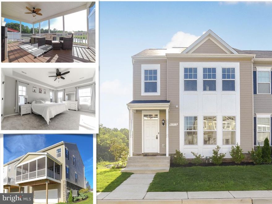 Why wait for new construction when you can have it all....NOW!  3BR, 4BA extra wide luxury lot end unit townhouse 2300 SF with a covered front porch in the heart of Leonardtown with a beautiful pond view and plenty of privacy. This home offers over $65,000 in upgrades!!   This open concept is perfect for entertaining and large memorable gatherings. The main living area features an open floor plan with formal dining room, family room, and large kitchen with white painted cabinets  and pull out shelves. Granite countertops and upgraded stainless steel appliances include gas range, french door refrigerator with freezer drawer, quiet dishwasher, garbage disposal, oil rubbed bronze fixtures.  
Upstairs offers three bedrooms, two full bathrooms and a laundry room.  
The owner's suite offers a pond view, has two large closets, box tray ceiling,  a large bathroom with soaker tub and oversized tiled shower. 
Enjoy  the upgraded padding and carpets through the top and lower levels.  
The lower level is a fully finished space perfect for those overnight guests with a full upgraded tile bathroom.  Just off the kitchen, there is a large composite screened in porch/ deck (19’x12’) with vinyl railings for the luxury of maintenance free living , complete with a ceiling fan to keep you cool. It is the perfect place to drink your morning coffee. 
Home also comes with an insulated rear two car garage with lots of driveway parking. 
Gas cooking, heat, and tankless water heater. Low HOA and plenty of amenities: community pool, tennis courts, playground and so much more.  Only 2 year old- you cannot buy new at this price or with this view!