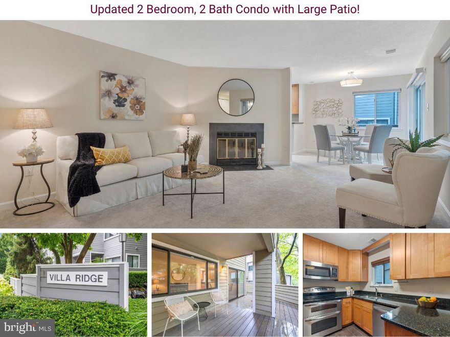 Welcome to this spacious 2 bedroom, 2 bath condo in a prime Reston location across from South Lakes Village Center.  Enjoy easy one-level living, a large patio, renovated kitchen and over 1,100 square feet of living space. Recent updates include a new water heater (11/2023), new dishwasher (1/2024), and new carpet (6/2023). The living room with fireplace and picture window is open to the dining area with sliding door to the patio. The primary suite includes an updated bath and space for a king bed. The second bedroom boasts built-in closet organizers and can be used as a home office, den or guest bedroom. Updated hall bath. The foyer has upgraded LVP flooring and a deep storage closet. SEE 3D TOUR FOR FLOOR PLAN VIEW. There is convenient access to the Turquoise Trail right outside your door, leading to the shopping center, nearby parks, lakes and Lake Audubon pool. The well-kept Villa Ridge neighborhood is professionally managed and a community power washing/painting project is currently underway. The condo fee includes water, trash, exterior maintenance, and more. As part of Reston Association, you have access to 4 lakes (including Lake Audubon and Lake Thoreau across the way), 15 pools, 49 sports courts, 50 miles of trails, and 1,350 acres of open space. Here you'll be just 3 miles from Reston Town Center and Lake Anne shopping and dining options. The Wiehle-Reston East Metro station is approximately 1.5 miles away. Close to Dulles Toll Rd/Rt. 267, Rt. 28, Rt. 7, Lawyers Rd, Fairfax County Parkway and Dulles Airport. Don't miss your opportunity to own this fantastic condo in a great location!