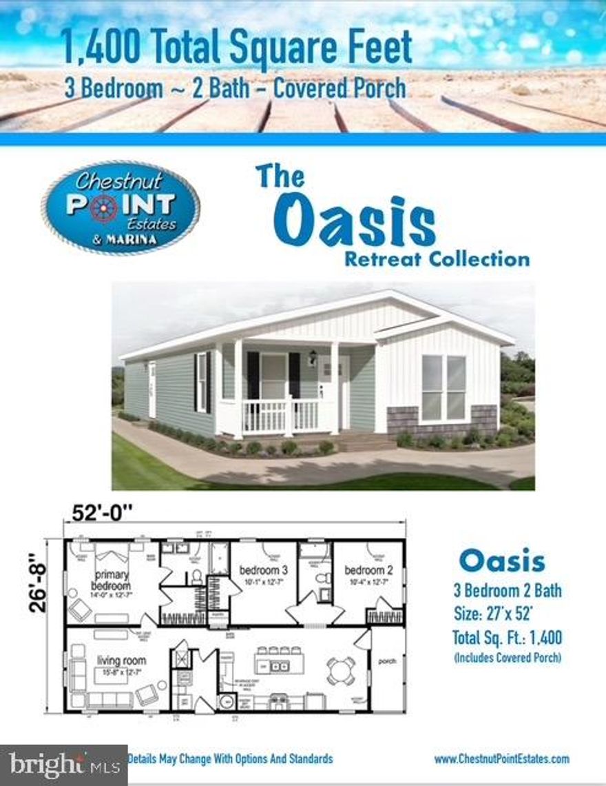 Build your Dream Home in this Beautiful 55+ Community of Chestnut Point Estates & Marina in Perryville, Md. Four Beautiful Models to choose from (3B-2B) that include: Open Floor Plan, Living Room Custom Entertainment Wall, Fireplace, Granite Countertops in Kitchen, Cultured Marble in Guest & Master Spa Bath, Walk-in Pantry and Bedroom Closets. Stainless Steel Appliances included: Side by Side Refrigerator, Dishwasher, Microwave, Stove/Range. Your own Shed and Paver Walk & Patio. Grey Trex Decking Porch & Side Entrance Area. 
Land Lease Monthly: $600 and includes: 
New Home Manufacturer Warranty of 1 Year, Vinyl Siding Manufacturer Lifetime, Architectural Shingles 25/30, 30 Day Cosmetic Warranty, Public Water & Sewage, Trash Removal, Grass Cutting, Street Snow Removal, access to Private Beaches and Marina. 
No Transfer Tax with Sale of Home 
No Property Taxes 
No HOA Fees