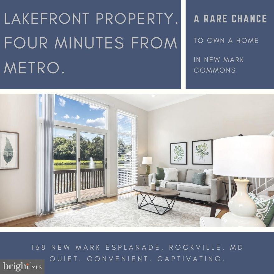 They say luck is what happens when preparation meets opportunity. Here's a rare home for sale in the New Mark Commons community. Four minutes to the metro yet it backs to the lake. Just wait, a few moments, witness waterfowl flocking, from your new home in Rockville that's perfect for walking. You're two minutes from shopping, the movies and eats, but the neighborhood's quiet, so you'll have comfort and peace. Large bedrooms, lots of storage and a parking space, such an exceptional place! Come see this upgraded downtown property, you must view it in person to appreciate it properly. The floor plan is open, it lets in lots of light, and the view from the balcony is a constant delight. Over 1400 sf, an expansive end unit on three floors. Are you feeling lucky, if so, make it yours.