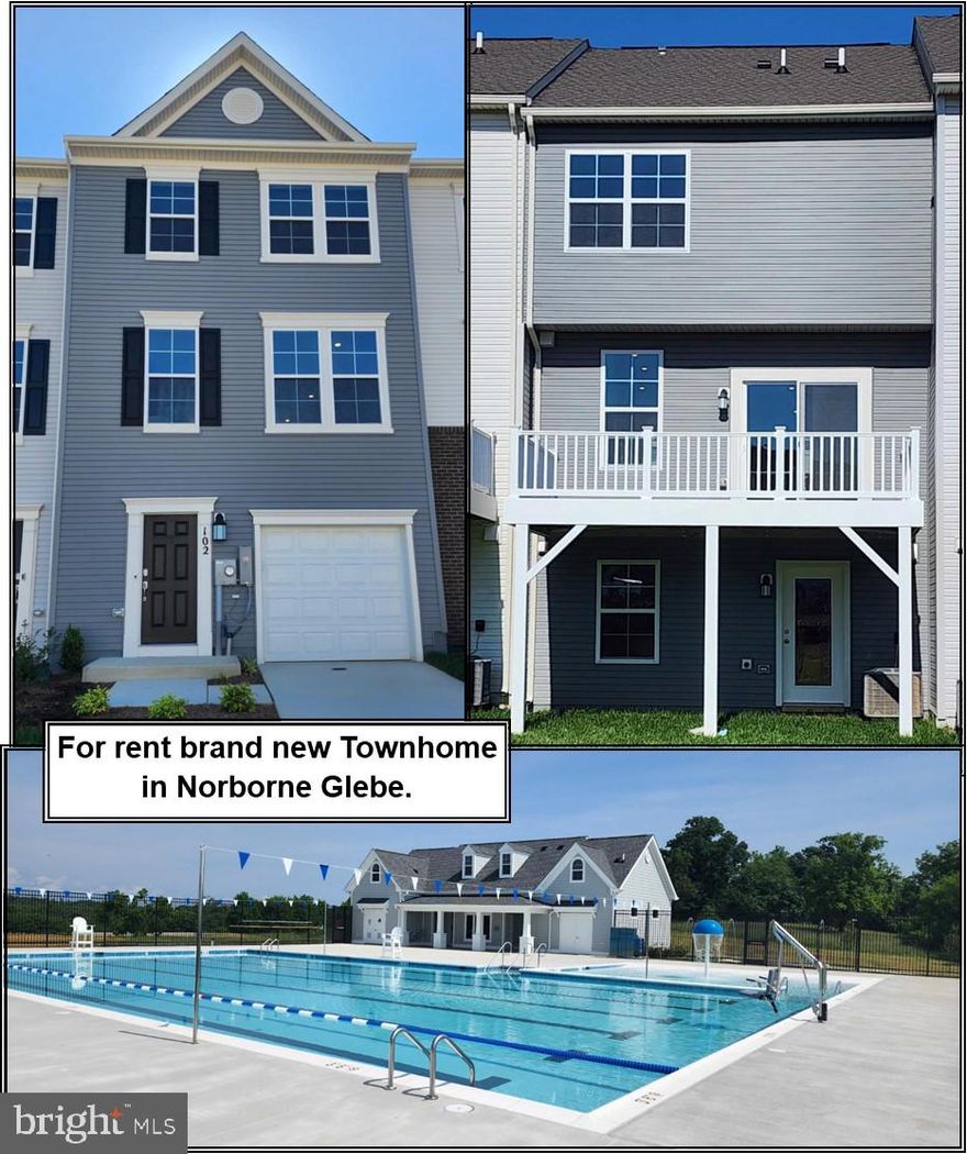 Brand new for rent 3 level Townhome in Norborne Glebe. Lots of upgrades, composite deck.  3 bedroom 2 full bath, 2 half bath. Granite countertops, island and pantry. Luxury vinyl plank flooring on main level. Rent is $1999 per month, security deposit is $1999. Credit application fee is $55 per adult. NO PETS. Tenant pays all utilities. Tenant must have renter's insurance. Available immediately. sub-division just open community pool.