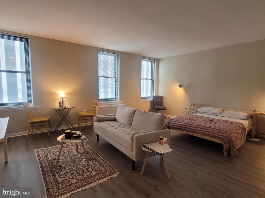 Light-filled studio right on Rittenhouse Square! The home features a spacious sun-lit living area with two large wall closets and new vinyl floors; a fully-equipped kitchen; and a full bathroom with a single vanity and shower/tub combination. The Wellington is a pre-war apartment building located on Rittenhouse Square offering a 24 hour doorman, on-site management, and access to a nearby fitness center at 1845 Walnut.