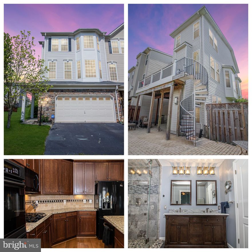 FORMER MODEL HOME with 3 story extension.  Welcome to 25103 Silurian Terrace in Stone Ridge.  Gorgeous end unit townhouse filled with natural light and upgrades at every turn.  The bottom level has french doors that lead you into a freshly painted huge 4th bedroom/family room with FULL bath and FP.  This room could be used as a 4th bedroom/family room/exercise room.  There is storage and a utility room with a work bench.  Under the staircase there is storage in the back of the closet.  The garage is finished with built in storage above.  Upstairs, there are hardwood floors, expansive moldings, built in window seat in the living room, dining room, powder room, family room with gas FP and gourmet kitchen.  The kitchen has granite countertops, backsplash, large island, high end cabinets and upgraded appliances.  Upstairs there are 3 bedrooms , 2 full baths and the laundry.  The master bedroom has a sitting area, walk in custom closet and  en-suite bathroom.  The spa bathroom has a sauna/steam shower with rainfall/waterfall shower head with lights, 2 separate shower heads, 2 hand held wands and 12 body sprays.  The floors in the master bathroom are heated as well as the towel racks.  The bathroom also has quick steam exhaust vent, dual concealed medicine cabinets and slow close vanity hinges.It's truly a spa bathroom.  The hall bathroom has upgraded tile and the 2 front bedrooms are spacious, perfect for guest room, office, secondary bedroom or exercise area.  The house has a security system, tankless water heater, whole house speaker system, whole house water filter and a Nest learning thermostat.  Outside, there is a back deck with spiral staircase, patio, privacy fence and an irrigation system.  This house is a MUST SEE! This one won't last.Master bath: heated floor, heated towel rack, steam sauna, overhead rain and waterfall shower with lights,