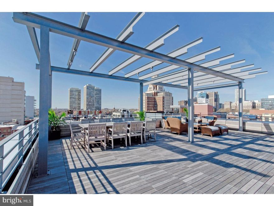 Vibrant City Living, Inside & Out! 22 South Front Street #701 Philadelphia. This expansive 2468 sq ft penthouse-level condo features sun-filled rooms with modern interiors, 2 bedrooms, 2.5 baths, and a massive 1400+ sf private roof deck rivaling the best views and best outdoor entertaining spaces in the city. Ideally located on Front Street at the crossroads of Old City and Society Hill, this glamorous home provides sunrise to sunset views of the Delaware River and the Center City skyline, perfect for modern living, intimate gatherings or large parties, and for exploring the many dynamic neighborhoods of downtown Philadelphia, all with the convenience of 2 deeded underground parking spaces. Upon entering the unit, you are greeted by an abundance of natural light streaming in through a stunning wall of windows in the open living/dining space, with 10' ceilings, tiger wood floors and a built-in audio/visual system. The dining area, with river views and magnificent city lights, is well-suited for parties of 10 or casual dining. The open chef's kitchen features top-of-the-line Viking stainless steel appliances, wine storage, and is accentuated by a red glass tile backsplash and a large eat-at center island with stone counter tops. A sitting area next to the kitchen and an adjoining terrace off the great room complete the space for unwinding on your own or mingling with family and friends. The oversized master bedroom suite is outfitted with your dream custom dressing room that is sure to be the envy of your friends, a sleek master bath with infinity Kohler waterfall tub, a double vanity, and an oversized glass shower with multiple heads. The master bedroom wing is ideally situated away from the entertaining space, making it both private and peaceful. The second bedroom is well-appointed with an en-suite bath and generous walk-in closet. Notable additions to this residence include radiant heated floors throughout, remote controlled window shades, and in-suite laundry. The building offers front desk staff, cyber-doorman, a manicured courtyard, and the steel and concrete construction provides wonderful sound-proof privacy.