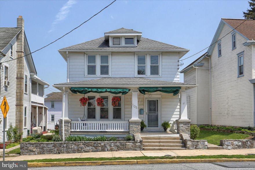 Welcome to this charming American Foursquare with Victorian vibes. This property is located in the heart of historic Hummelstown and offers 3 bedrooms and 1.5 baths. You'll be greeted by a classic covered front porch, stone accents, and timeless curb appeal. Step inside to hardwood floors, rich wood trim, and a layout that offers a hint of Victorian flair- think tall windows, warm wood tones, and cozy elegance. Enjoy convenient on-street parking and a fantastic location just minutes from major commuter routes,  schools, and walking distance to parks, shops and restaurants. Seller offering a basic 1 year home warranty from First American Home Warranty.