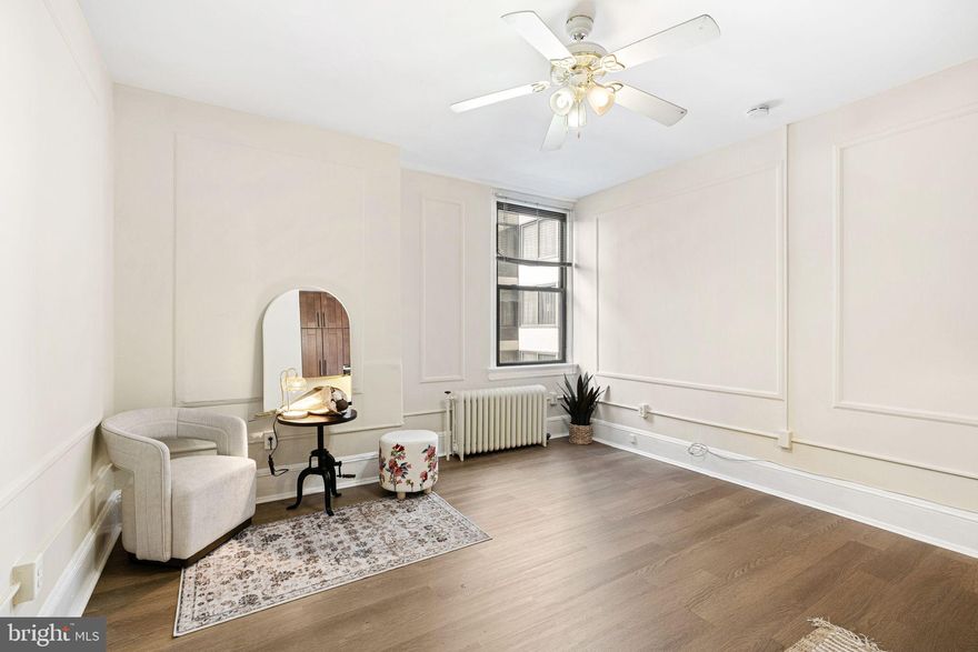 Welcome to this  Washington Square West gem! This charming 342 sq ft studio is freshly painted  with new laminate flooring, and  a modern kitchenette. The kitchenette is a centerpiece of the room and includes an electric cookop, refrigetator with contemporary floor to ceiling cabinets  to store all your cooking needs. The wide open floor plan of the studio is sizeably larger than other studios in the Arts Condominium building and offers substantial space for your furniture needs with a  storage closet. Bathroom has white and black ceramic tile with a shower stall and hallway entrance has a coat rack. RENT INCLUDES ALL UTILITIES, CABLE TV,  FITNESS CENTER,  CONSIERGE, SECURITY, FREE WIFI IN LOBBY & RESIDENT LOUNGE. Centrally located in Center City by Rittenhouse, Restaurant Row, Antique Row, City Hall, Avenue of the Arts, Washington Square with shopping, dining, entertainment options all walking distance. Easy access to transportation including underground subway connect to Broad St line,  Patco Jersey line,  30th Street Station, airport, interstate highways I95 & Route 76, and bus routes.