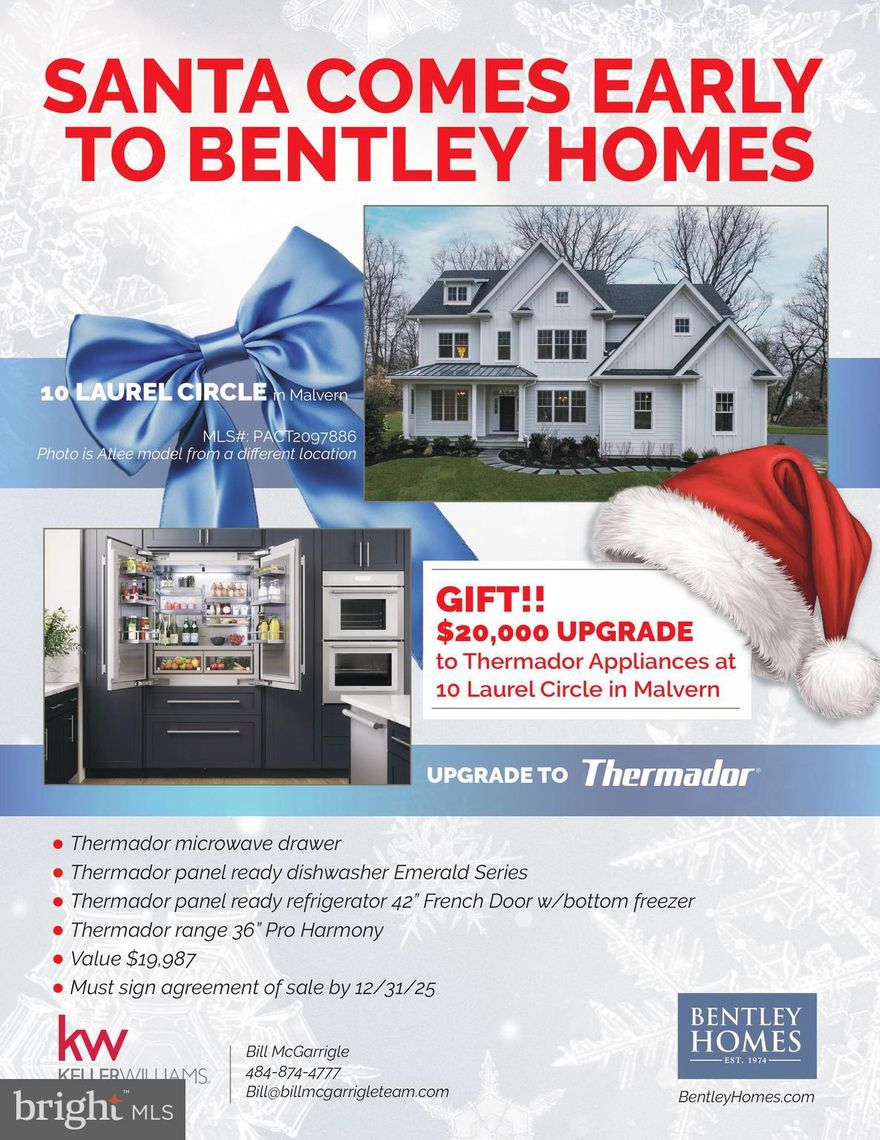 CONSTRUCTION IS UNDERWAY! Now is your chance to purchase a gorgeous new construction home in Malvern - See limited time appliance upgrade offer!  The Atlee Model is built by the renowned Builder, Bentley Homes and will be situated on 2+ beautiful, level acres in Willistown Township! This versatile and popular floor plan offers 4000+ square feet of living space.  It includes 4 bedrooms and 3 and a half baths, a 3-car attached garage and a full foot-print basement. Get in early during  construction so that you can  customize all of the special finishes that will create your dream home. Bentley Homes has a reputation like no other.  Starting in the home building business over 50 years ago, their reputation precedes them for both quality and craftmanship.  All of their models include high-end finishes and open floor plans and the flexibility to meet your lifestyle needs. **Photos are of different completed models by Bentley Homes and may show options that are not included in the base price.**