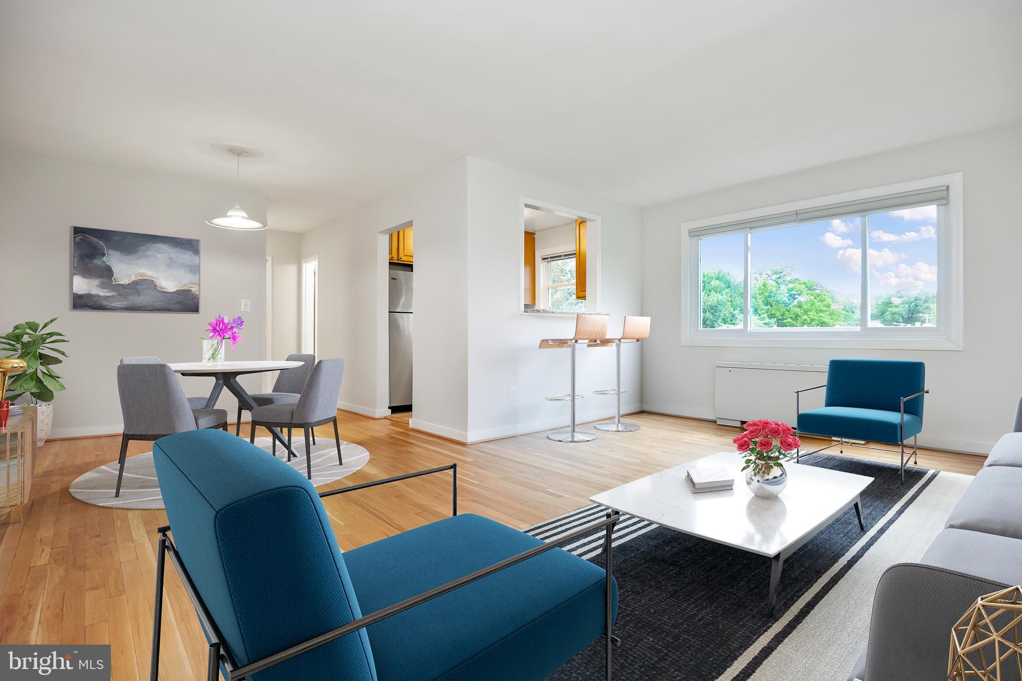Top floor corner unit with extra natural light and space. Newly refinished hardwood floors, fresh modern colors with new appliances and fixtures. Generous rooms, large mirrored double closets. Nice and bright, quiet and peaceful. Expansive layout. Great location. Walk to three schools, Sligo Creek bike and walking trails, Metro, and everything eclectic Takoma Park. Awesome community. Welcoming, pet friendly building.