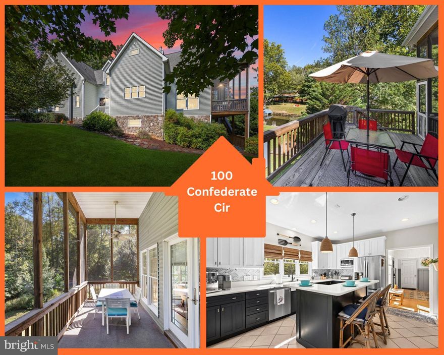 Don't miss a one of a kind, water view and amenity-filled Lake of the Woods. 100 Confederate Circle is move-in ready for you and yours! This stunning residence has the most unique floor plan and offers the opportunity for every bedroom to have its own bathroom! In total, it spans 4 bedrooms, 4.5 baths and more than 4,100 finished square feet. It sits on a nearly half-acre lot at the end of a canal in the dreamy and amenity-filled Lake of the Woods. Enjoy all the views of water frontage without the care, maintenance, and expense! The location of the home within Lake of the Woods is amazing – just a minute or two from its back gate! Amenities you’ll enjoy include multiple swimming pools, multiple lakes and marinas, pickleball and tennis courts, walking trails, a fitness center, equestrian center, clubhouse, campground, community center, golf course and so much more! Heading to the homesite, it is tucked on a quiet circle with beautiful water views. Out back, its deck and screened-in porch (with new indoor/outdoor flooring) are primed for entertaining, with a built-in shed below the deck for all of your outdoor equipment and toys. The landscaping strikes the perfect balance of lush-meets-low-maintenance. For parking, there is a large, paved driveway that leads to a side-loading three-car garage. Note that one of the bays is closed off with its own single door, private deck, and tall ceilings. It is ready for your jet ski and more! The two-car portion of the garage has storage systems aplenty and a sink with back splash. The home itself is a sage green with stone accents. Before heading inside, know that systems-wise its three HVAC systems were updated in 2017! Roof is 2015. Inside, you’re greeted with a totally redone foyer with numerous lovely accents including shiplap, benching, new lighting and more. The vibe on the main level is otherwise comprised a mix of gleaming hardwood floors, totally plush new carpet and customized blinds. We do have a primary bedroom on the main level here, including a huge walk-in closet with tons of custom built-in shelving on both sides. The ensuite bath has a tub/shower combo like no other – the jetted tub is large! Rounding out the primary suite are French doors to the back deck with - of course - a lovely water view! Additional main level highlights include the family room with towering fireplace and access to the screened-in porch; laundry room; half bath; and the kitchen. The kitchen includes a new marble back splash and granite counter tops, stainless steel appliances, fresh lighting, a new farmhouse sink and new cabinets/hardware. There are two bedrooms upstairs – each totally secluded and with their own ambiance. There is a huge suite above the garage with skylights (currently used as a media room) with its own bathroom and, off the upper-level loft area, is the second bedroom with large closet and full bath. Down to the basement (with fresh carpet and paint), it is anchored by a lower-level family room with fireplace. French doors lead out to your back yard utopia. Additional highlights include a full bedroom, full bath (largest in the house) and unfinished storage room with stainless steel shelving and epoxy flooring. Downstairs, there are rough ins for a bar/kitchen to make this stellar space that much more your own! Beyond the home and Lake of the Woods community, Culpeper, Orange and Downtown Fredericksburg are all accessible within 35 minutes. Golf lovers, battlefield explorers and winery fans rejoice – you have several options within 10 minutes. It’s all here and waiting for you at 100 Confederate Circle! THIS HOME HAS A HOME SALE CONTINGENCY WITH A KICKOUT!