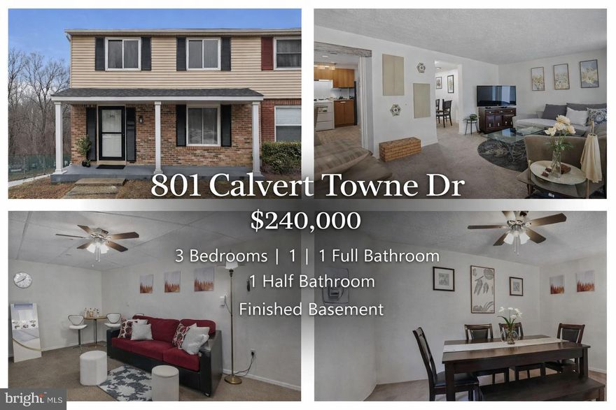 Welcome to 801 Calvert Towne Drive in Prince Frederick, MD — a great opportunity for buyers seeking value, potential, and flexibility. Now listed at $240,000, this 3-bedroom, 1 full bath, 1 half bath home offers a functional layout and comfortable living spaces, ideal for a homeowner ready to build equity or an investor looking for their next project.

The property does need some updates and repairs, but it features solid bones and presents a strong opportunity to customize and add value over time. The seller is motivated and willing to negotiate certain repairs, creating additional opportunity for buyers to structure favorable terms.

This home is being sold as-is, making it a great option for those looking to enter the Prince Frederick market at an attractive price point with upside potential. Don’t miss your chance to explore the possibilities — schedule your showing today.