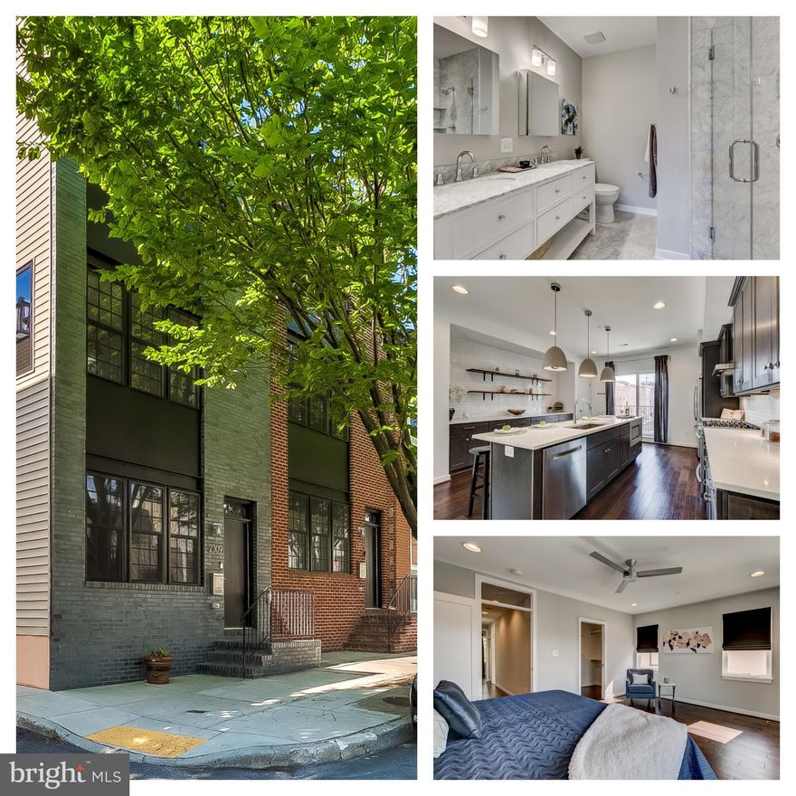 There is so much to love about this end of group home with hardwood floors throughout and a 2 car garage! Built just 3 years ago, this home is sophisticated yet comfortable. The breathtaking kitchen will have you inspired to cook with its massive 10 foot Quartz, waterfall island allows for seating up to 6 people. The upgraded stainless steel appliances add to feeling like you're in a professional kitchen. A balcony off the kitchen is perfect for grilling.  Open concept living level keeps the cook involved in activities both in the living and dining areas.The master bedroom is smartly placed in the rear of the house, so it's a quiet place to rest your head. The room is large enough to easily accommodate a king size bed and still have room for a sitting area. The walk in closet with built in storage leads you to the en-suite bathroom, with marble floors, a rain shower head, and a double sink vanity with marble counters. The roof deck with composite decking is accessed through the hallway, so no going through a bedroom to socialize. A ground level bedroom/ office with an en-suite bathroom is ready for guests or your home office. You can schedule a tour while remaining socially responsible, as this property is vacant and was thoroughly cleaned prior to listing. All guests are required to wear face coverings while inside the property and limited to 3 individuals in the property at one time.