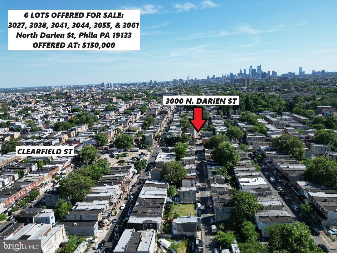 6 Lot Package FOR SALE
3027 N. Darien St (14FTX40FT)
3038 N. Darien St (14FTX41FT)
3041 N. Darien St (14FTX40FT)
3044 N. Darien St (14FTX50FT)
3055 N. Darien St (14FTX44FT)
3061 N. Darien St (14FTX42FT)
The zoning is RSA5 on each lot. Seller will not sell separately.
Closest major intersection is 8th & Clearfield St, which is a 3.5 Miles to City Hall. This block is also 7 block East from Broad St, 1 Block South of Allegheny Ave. There are major plans for development in this immediate area. The zip code is 19133, Fairhill is the neighborhood.
Priced at $135,000 for the package