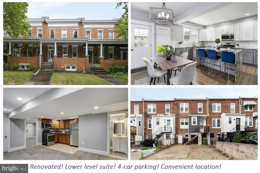 You really can have it all! Baltimore charm and modern finishes beautifully unite in this stunning home featuring more than 1700 finished square feet in the vibrant Hampden neighborhood. Fully renovated and featuring 4-car parking, a separate lower level suite, and an ultra-convenient location, this home checks boxes you didn’t even know you had! A delightful covered front porch is the first of many attributes to make a lasting impression - it is the perfect place to savor a morning cup of coffee or unwind at the end of the day with a glass of wine. As you cross the threshold into your home, a striking staircase and gorgeous hardwood floors greet you. To your right, a cozy living room offers a quiet retreat. The gourmet kitchen is a culinary enthusiast's dream and is as stylish as it is functional. 42” cabinets, a sleek backsplash, and a contemporary granite countertop wrap around its outer edges. The island, with its granite waterfall countertop, is the centerpiece and serves as both an excellent spot to serve appetizers as well as a place for family and friends to pull up a bar stool and converse with the chef. A separate dining space and a chic half bathroom complete the main level. Upstairs, you’ll find three spacious bedrooms each with hardwood floors, abundant natural light, and ample closet space. The front bedroom is an impressive Primary Suite with its own luxurious private bathroom and two closets! A separate hall bathroom and second-floor laundry closet are also featured. Two levels below, the finished basement hosts a totally independent suite that can be accessed by an interior staircase or via a private, stairless, exterior walk-in entrance. This lower level wows with a comfortable living room, private kitchen, large additional room, remodeled full bathroom, and second laundry room (there's also a laundry closet on the second floor). This versatile space provides endless possibilities – consider using it as an in-law suite, guest suite, roommate’s space, your getaway to watch football this fall… the sky’s the limit! But wait, there’s more! The back of the lot is completely paved and serves dual purposes – use it as a patio to host a barbecue this summer, or as a parking pad that can accommodate up to 4 cars! In terms of location, this home can’t be beat –  it is positioned less than one mile to the main street of Hampden, restaurants, coffee shops, an ice cream parlor, a local brewery, a grocery store, and even a movie theater! Easy access to I-83 makes commuting effortless. What are you waiting for? Schedule a showing today; this one won’t last long!