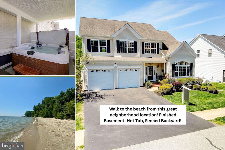 This beautifully maintained home is located in the highly sought-after Chesapeake Village community! The spacious primary suite is a true retreat, featuring two walk-in closets, a luxurious soaking tub, separate tiled shower, and double vanities. The heart of the home is the stunning kitchen, complete with granite countertops, a large center island, stylish, tiled backsplash, built-in microwave, gas stove, and double ovens—perfect for both everyday living and holiday entertaining. Sliders off the kitchen lead to a bright and inviting sunroom overlooking the backyard, enclosed by a low-maintenance vinyl privacy fence with both double and single gate access. Enjoy hardwood floors throughout the main level, and relax in the cozy family room featuring a gas fireplace and surround sound system just off the kitchen.  The freshly painted interior continues into the fully finished walk-out basement, offering a bedroom, full bath, and spacious recreation room—perfect for guests, extended living, or entertaining.  Step outside the basement sliders to your private outdoor oasis with a new patio and a hot tub surrounded by privacy fencing—ideal for unwinding or hosting guests. Additional peace of mind comes with a transferable Cinch home warranty, which even includes the hot tub.  Enjoy the vibrant community, known for its festive events all throughout the year. Just a short walk to Brownie’s Beach (Bayfront Park) where you can hunt for shark's teeth fossils or just enjoy the stroll through the woods to the destination of the private beach!   You can keep your boat or jet ski at the nearby Rod 'n Reel Marina, and make sure to take in summer concerts on the waterfront. Conveniently close to restaurants, shopping, top-rated schools, and an easy commute to Joint Base Andrews and Washington, D.C. This home truly has it all—space, comfort, and community!