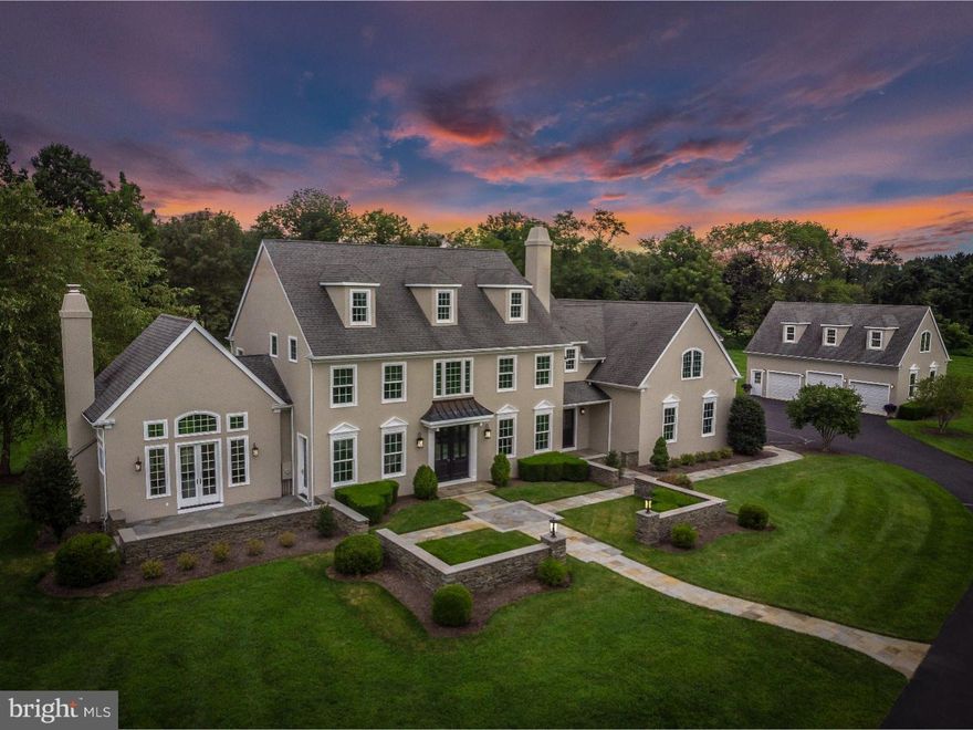 BEST VALUE IN SOLEBURY! This custom built French Manor Home has undergone an amazing transformation crafted by Mack and Roedel Custom Builders. The premium home site is located on lush 5+ acre lot off an impressive tree lined private road in Solebury Township. A blue stone walkway, courtyard and parking court grace the entry to this elegant 5 bedroom home. There is a flowing open layout and generous room sizes which provide a wonderful space for entertaining but also for quiet time. The floor plan includes Formal Living Room with fireplace, Formal Dining Room, Gathering Room with vaulted ceiling and stone fireplace, Hearth Room, New designer Kitchen, counters and appliances, Breakfast Room with wall of windows and tray ceiling, The second floor offers a Main Suite with double sided fireplace, luxurious Bath and walk-in closet, 4 additional Bedrooms and 2 Full Baths. There is additional living space on the Third Floor with its own full Bath, which could be another bedroom. The lower level features exercise area, entertaining space, large cedar closet "Room", half Bath and a Theater Room. Many highlights and upgrades at this superb home: newly finished hardwood floors, extensive molding and mill work,custom built-ins, speaker system, bluestone patios, side entry into the mud room, 3 Car Attached Garage plus a 3 Car Detached Garage with bonus space above.