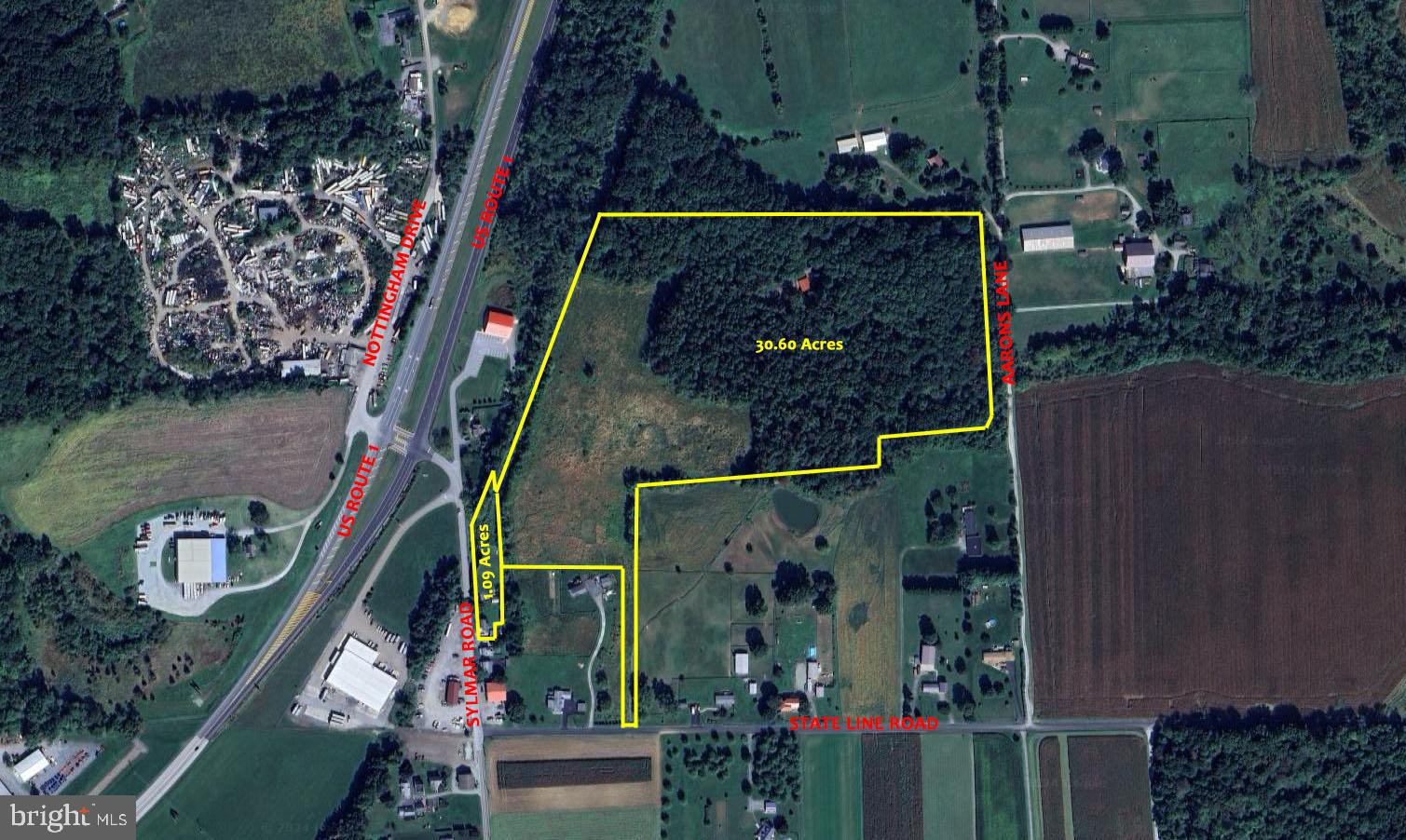 Sale includes 101 Aarons Lane - a +/- 30.6 acre parcel zoned for industrial use, and 24 Sylmar Road - a +/- 1.09 acre lot with a residential dwelling, also zoned industrial. 24 Sylmar provides better road access to the larger acreage than would be available from Aarons Lane.