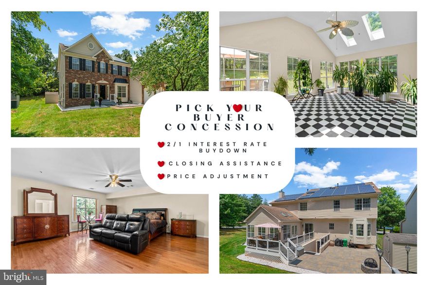 The seller is offering a unique opportunity: the buyer can choose their buyer concession! Options may include a 2/1 interest rate buydown, closing cost assistance, or price adjustment tailored to meet the buyer’s needs. This flexible approach helps make ownership more affordable in today’s market.

Nestled in the picturesque Glenn Estates community, 10303 Halton Terrace offers a perfect blend of style, comfort, and modern updates across three spacious levels. The main floor welcomes you with hardwood floors, a bright and open dining and living area, a generous kitchen with breakfast bar and center island, and a cozy family room with a gas fireplace. Just off the kitchen, a stunning sunroom with skylights and a distinctive black-and-white harlequin floor opens onto an updated deck and expansive paver patio with a built-in fire pit—ideal for entertaining or quiet evenings outside.

Upstairs, four spacious bedrooms offer privacy and relaxation, highlighted by the primary suite with its walk-in closet and spa-like bath complete with a soaking tub, double vanity, and walk-in shower. The fully finished lower level adds even more versatility with a guest suite, full bath, large recreation area, mirrored fitness room, and wet bar, all with walk-out access to the backyard.

Outside, this home shines with its attached two-car garage, storage shed, and a backyard that backs to serene trees, all in a walkable community with sidewalks, streetlights, and access to coveted amenities including a swimming pool, tennis courts, recreation center, and maintained common areas. Commuting is a breeze with the nearby Beltway, Route 50, Green Line Metro, and easy drives to NASA Goddard, the University of Maryland, and downtown D.C. Enjoy nearby shopping, dining, and entertainment at Woodmore Towne Centre, Vista Gardens Marketplace, and Bowie Town Center, plus outdoor fun at Watkins Regional Park and Glenn Dale Splash Park. Recent updates include a TRANE hybrid HVAC system powered by solar and gas, a newer upper-level unit, and a 2013 roof replacement, ensuring this home is as efficient as it is inviting.
