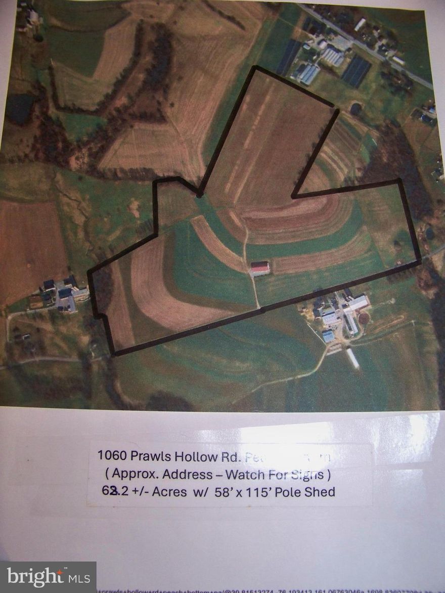 THIS GREAT PIECE OF SOUTHERN LANCASTER COUNTY FARMLAND TO BE OFFERED AT PUBLIC AUCTION ON SAT. OCT. 19, 2024 AT 10:00 AM BY LEFEVER & HART AUCTIONS LLC. LISTED PRICE DOES NOT REPRESENT STARTING BID OR SALES PRICE. SALE PRICE WILL BE DETERMINED BY HIGHEST BID WITH ACCEPTANCE BY SELLER. 
68.2 +/- Acres of prime farmland being offered with a 58' x 115' pole/ implement shed. Approx. address is 1060 Prawls Hollow Rd, Peach Bottom. Watch for sign on property.