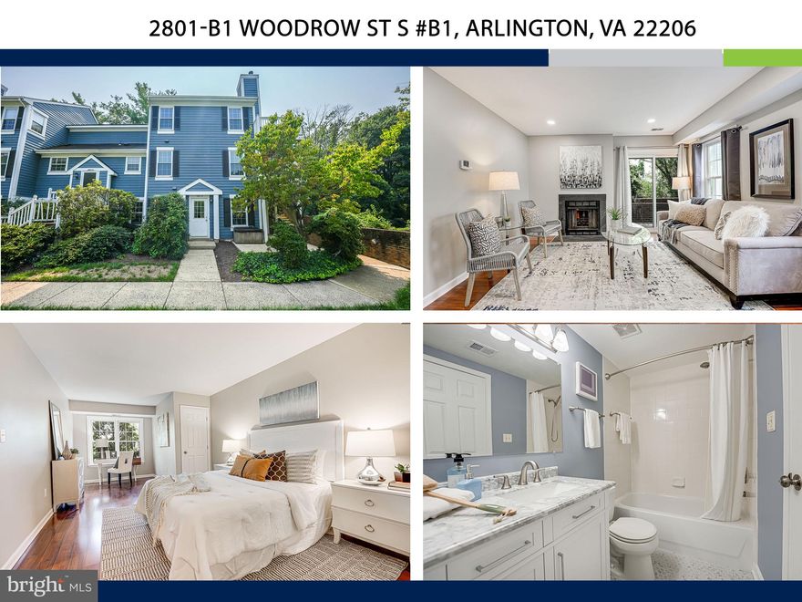Welcome to 2801 Woodrow St, a beautifully renovated end-unit condo boasting nearly 1,000 square feet of stylish living space with rare private views. Upon entering, you'll experience gleaming hardwood floors, a charming wood-burning fireplace, recessed lighting, fresh paint, and an open floorplan. The kitchen dazzles with new stainless-steel appliances, granite countertops, wood cabinetry, and a seamless flow into both the dining and living areas, ideal for entertaining guests. The home even offers a living area that can comfortably accommodate a large sofa and a separate dining area. Down the hall, you'll discover two spacious bedrooms. The primary bedroom is impressively large, offering ample room for a home office, sitting area, or even a Peloton, while also featuring a marble vanity. The secondary bedroom is similarly spacious with generous closet space. The modernized bathroom features marble-inspired flooring, a white vanity with a marble countertop, and a shower-tub combo, accessible from both the primary bedroom and the hallway. Have a lot of stuff? Enjoy a walk-in closet in the primary bedroom, multiple deep closets for storing luggage or holiday decorations throughout the home, and a private stacked washer and dryer neatly tucked away in the hallway closet. Outdoor enthusiasts will fall in love with the private patio off the family room that is perfect for al-fresco dining, morning coffee, or furry friends. The location is unbeatable, with no building in front of the unit, 2 parking passes, and access to vast green space overlooking the community pool! The coveted Courtbridge community offers a stunning outdoor pool and is just minutes from Shirlington's coffee shops, restaurants, parks, and entertainment. With easy access to Washington, DC, the Pentagon, DCA, and I-395, this home offers all the best parts of convenience, serenity, and glamorous living!