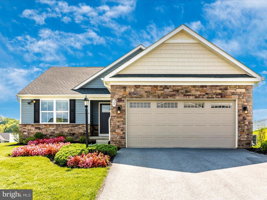 Shows like a model because it is one!! Ryan Homes Grand Cayman Basement Model for sale!!! Beautiful Floorplan with single story living at its finest. Walk into this bright foyer which greets you with  the two additional bedrooms and a lovely full bath.  Continue into the main living area which is  open and airy. Spacious Kitchen, Dining, and Great room are all combined for the perfect flow for your family or guests. Primary Bedroom  is located in the rear of the home for a nice retreat, and features a spacious walk in closet, and ensuite bath. Full unfinished basement awaits your design,  but includes a 3 piece rough in for a full bath in the future. Deck off the rear of the home overlooking the spectacular lush grass, scenic views and fenced yard.  2 car garage, and additional driveway parking. UPGRADES GALORE!! Parking area is another lot does not go with this model home.