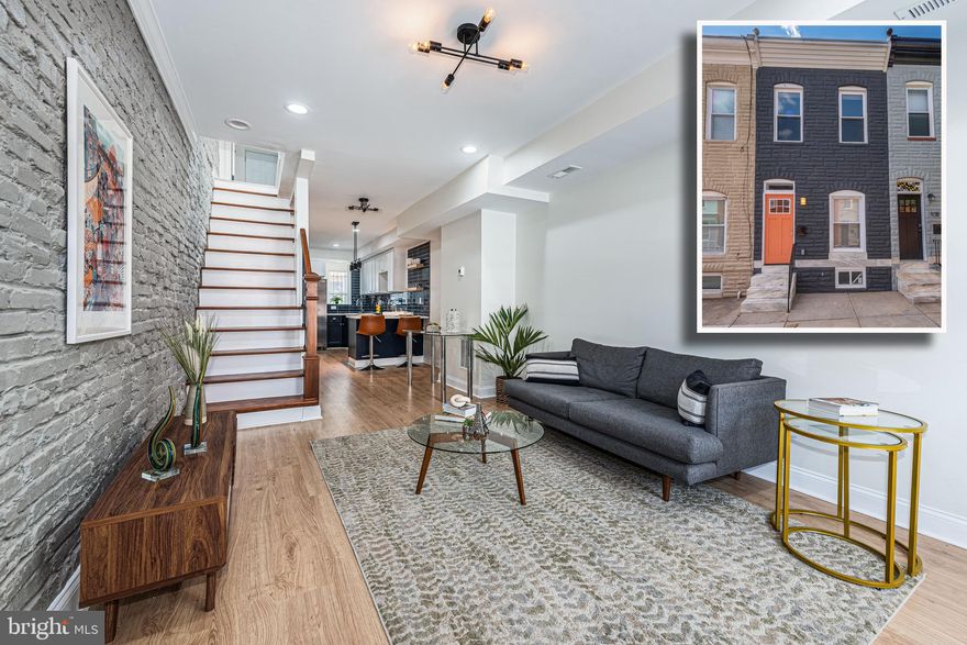 CONTEMPORARY ELEGANCE RADIATES THROUGHOUT THIS PATTERSON PARK RENOVATION WITH 3 FINISHED LEVELS AND OFF STREET PARKING!  Features include an open floor plan with an inviting living room and dining area with wood flooring and exposed brick, a designer kitchen with two tone cabinetry, ss appliances, & Quartz counters, a main level mud room, an upper level Primary bedroom suite with exposed brick and full bath, and a 2nd bedroom with a hall bath, a finished basement with a 3rd bedroom, a 2nd level rear deck that's perfect for entertaining, and easy off street parking!  Conveniently located close to Patterson Park, restaurants, and Johns Hopkins Hospital - pack your bags and move right in!