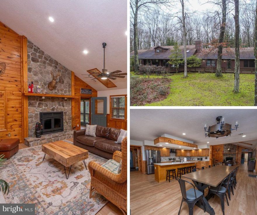 One-of-a-kind Deep Creek retreat with proven income potential! Set on 1.27 private wooded acres in the desirable Gleanings community, this distinctive log-sided lodge offers over 4,000 sq ft of flexible living space and has been an established, successful Airbnb with even stronger potential for full time investors. The main residence features three spacious ensuite bedrooms, a dramatic great room with vaulted ceilings, and a stunning stacked-stone wood-burning fireplace that creates true mountain-lodge ambiance. The open-concept kitchen with center island functions well today with excellent potential for future updates. A rare and valuable bonus is the attached, fully handicap-accessible guest house offering two bedrooms, one bath, a and living area—ideal for guests, multi-generational living, or maximizing rental income. Garages have been fully finished to help maximize additional living spaces perfect for providing that needed separation during large group stays. Surrounded by privacy and nature yet just minutes from Deep Creek Lake amenities and the Wisp Ski Resort,  this property is a standout opportunity as a primary residence, vacation escape, or high-performing investment.