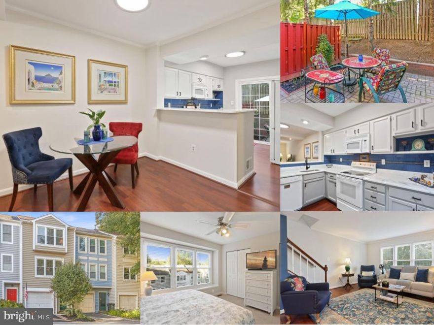 This is a jewel of a home, unique and special at every turn. For it to be inside the beltway just 6 miles away from Metro DC, with easy access to I-66 and I-495, just off of Arlington Blvd and its multitude of shops and restaurants, and still have the quiet of a 3 level home with garage nestled in a private little alcove makes it a perfect place to relax and unwind! Gorgeous hardwood floors welcome from the steps leading up to main living area that will delight with newly updated kitchen with bright white quartz countertops accented by custom blue tiled backsplash and stylish contemporary color palette of cabinets with walk-in pantry and adjoining half bath. Living room area bright with natural light pouring in leads to dining area and charming pavered patio in the back for al fresco entertainment and relaxation. The upper level has two! bedrooms with ensuite full baths and so convenient full load stacked washer dryer and pull down stairs for board-lined attic for ample additional storage. Can a garage look as wonderful as the rest of home? Yes! with brand new epoxy coated flooring and tidy built in shelves! More storage underneath the stairs and a surprise extra, multi-purpose room behind the garage! Bonuses: (approximate dates) 2022 brand new A/C, 4 year old roof, double paned windows, freshly painted interior, and low $135 per month condo fee that includes trash, leaf, and snow removal and common area maintenance. Don't blink ... this unit will be someone's to call home really fast! Make sure it is you!