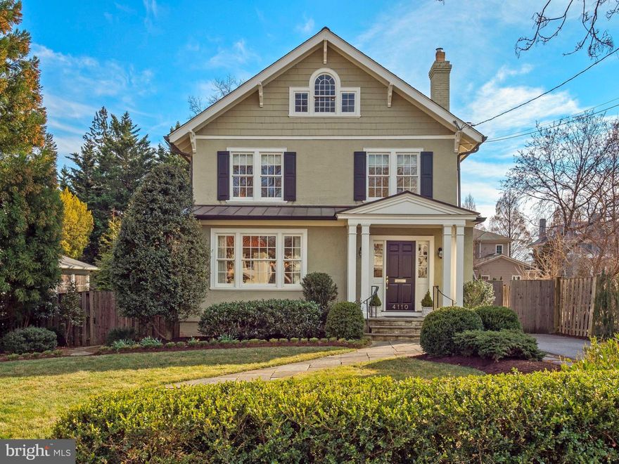 What we've all been waiting for! Set on a fabulous block in the popular Town of Chevy Chase this 1918 turn-key grande dame with over 5,000 square feet has been beautifully expanded and renovated, offering the elegance of 1918 along with the finishes and conveniences of today. The light-filled residence has wonderful scale and flow for entertaining and beautiful original detail throughout, including nine foot ceilings on the main level. The foyer opens to a gracious and welcoming parlor with wood burning fireplace and to a lovely formal living room with gas fireplace. The elegant dining room features custom cabinetry with arched glass doors, and a spacious chef’s kitchen with island seating and eat-in breakfast room opens into a family room overlooking the spacious backyard. Four bedrooms and three full baths, including a fabulous primary suite with vaulted ceilings, a private sitting room, two walk-in closets and lovely primary bath are on the second level. Two rooms are found on the third level - a large open room with vaulted ceiling which can serve as a playroom or office and a second room which could be a sixth bedroom. One side of the lower level includes a large recreation room, laundry and utility room. A game room, full bath and kitchenette are on the other side of the lower level, and can function as a sixth bedroom or au pair suite. There is a separate entrance to the lower level from the exterior. The beautifully planted and landscaped flat yard offers ample room for both fun and relaxation with a lovely covered porch/loggia for entertaining, large stone patio, plenty of play area and a detached one car garage. Upgrades include a 35 year roof (2012), updated 4-zone cooling system, 2018 boiler, replacement windows, battery backup power system and more. The fabulous location is steps to Chevy Chase Elementary and also near vibrant Bethesda and the metro. We don't see houses like this often - don't miss this one!