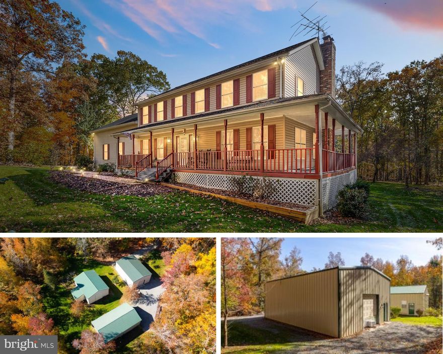 Secluded 8-plus-acre bliss... with the three spacious outbuildings of your dreams... and a noticeably updated main residence? Meet 13301 Golden Oaks Drive! This home has been under its original owners' meticulous care since day one! The principal residence here includes five bedrooms, 3.5 baths and more than 4,700 square feet of living space. The home sits on an expansive 8.25-acre lot in Golden Oaks. All of the homesites are private and roomy here – there are less than two-dozen total lots in the community! Zooming in on the acreage, perhaps the first thing you’ll notice is the ultra-green grass, which is serviced by a 40-zone sprinkler system. Otherwise, soaring oaks and mature trees comprise the property. Parking and driveway-wise, a cement driveway leads to the principal residence, and a gravel offshoot leads to three incredible outbuildings, conveniently positioned – they measure 30x50-feet, 30x30-feet and 30x45- feet. The 30x50-foot outbuilding is open at each end, enclosed on the top and includes two side walls, 12-foot ceilings, electricity and LED lighting. It is primed for boat and RV storage! The 30x30-foot outbuilding is all-metal, totally enclosed and fully insulated. It includes a lean-to space off the back, encompassing approximately another 15x15-foot space. The two-level building is loaded with storage space and LED lighting – it is a wonderful workshop space. The final outbuilding, measuring 30x45-feet, includes two 10x10 garage doors, electricity, full insulation and plenty of space for lifts. Consider this the garage of your dreams. What a setup! Back to the principal residence, note the 50-foot-long Trex deck off its back side that was added just two years ago! It has a gazebo on it as well. As for the home itself, the roof was updated nine years ago with new skylights. The siding of the residence is tan, the shutters are red, and its stunning wraparound porch includes freshly painted railings. Inside and on the main level, you’ll first note the ¾-inch gleaming hardwood floors, fresh paint, Anderson windows and delightful molding elements throughout. Core components on the main level include a formal dining room, formal living room, living room with fireplace, sunroom (with 15-foot ceilings – so beautiful!), half bath, mudroom, garage access (the attached garage is 28x32-feet, it is massive!) and the kitchen. The kitchen includes timeless oak cabinetry, a granite sink and stainless-steel appliances among other modern features. Upstairs are five bedrooms and two bathrooms, inclusive of the primary suite. Both bathrooms upstairs have been updated in recent years and include Jacuzzi tubs, glass- enclosed showers with benches, skylights and new fixtures. The primary suite is wonderful with an attached sitting area and 15x6-foot closet. All of the bedroom closets are large! Note the carpeted bedroom above the garage is super-sized. For bonus storage upstairs, there is a partially-floored, pull-down attic. We have a walkout basement here, too! The space includes updated vinyl flooring, a full bath and second sunroom (!). Systems-wise, the home is serviced by two Trane HVAC units – both have been updated in the last few years. The hot water heater was replaced two years ago. Both sunrooms have standalone, like-new Mitsubishi A/C units. The well tank and PH system here have recently been updated, too. Beyond the residence, Chancellorsville Battlefield is literally within a 5-minute stone’s throw for historic strolls. Hunting Run Reservoir is a mile north for fishing, boating and relaxing. Within 10 minutes, tons of grocery, shopping and dining options await along Route 3. Downtown Fredericksburg is 20 minutes east and the downtowns of Orange and Culpeper are within 30 minutes. Inside and out, this is as fully-loaded as it gets, folks!