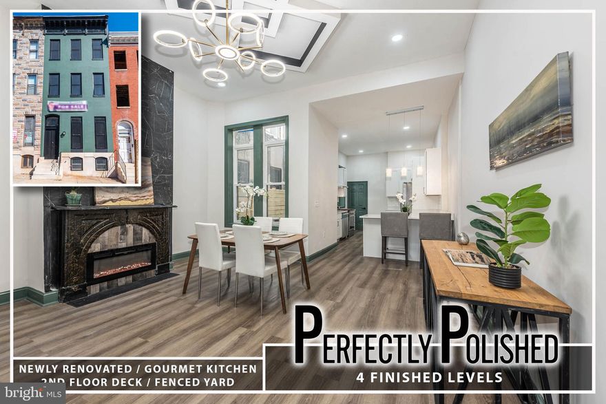 Stunning Harlem Park Renovation with Designer Finishes & Four Levels of Luxurious Living!  Welcome to this beautifully reimagined home where style meets substance in every detail. Step into an inviting living room highlighted by a charming decorative fireplace, leading to a formal dining room warmed by a sleek electric fireplace—perfect for intimate gatherings or entertaining guests. The gourmet kitchen is a chef’s dream, featuring stainless steel appliances, Quartz countertops, and contemporary finishes that blend elegance and functionality.  Enjoy the convenience of a main-level powder room and retreat upstairs to your expansive Primary Suite, complete with a spa-inspired bath showcasing a large walk-in shower. The second level also hosts two spacious bedrooms and a full hall bath featuring both a separate shower and a deep soaking tub—ideal for relaxing after a long day.  The fully finished basement offers a versatile family room, perfect for movie nights or a home office setup. Outside, enjoy a private rear patio and a second-level deck, ideal for al fresco dining or summer lounging.  Situated in the revitalizing Harlem Park community, this home is just minutes from downtown Baltimore, UMMC, stadiums, and major highways. With renovations transforming the neighborhood, there's never been a better time to buy.  Pack your bags—your dream home awaits!