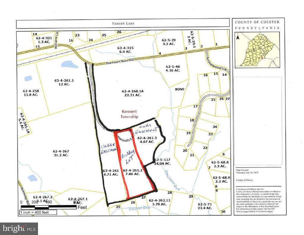 20.4 acre building site situated in a very private natural setting. Well located west of and near Route 52, Kennett Pike. Borders onto mature conserved land. Building site in open meadow with forest perimeter. Access off public road, Burrows Run Rd, would be a private lane (approximately 900+ feet long) presently cleared for all wheel drive vehicles. Gate at entrance. Possible subdivision for additional building lot. Call Chris Patterson for access and questions.