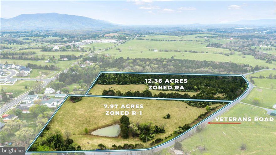 An exceptional opportunity  in Middletown Virginia!  This rare offering includes two parcels totaling nearly 20 acres: 7.97 +- zoned R1 with its adjoining 12.36+- zoned RA . Bring your creativity and fresh ideas, R1 zoning offers an immediate canvas, while the RA parcel invites future potential *subject to proper municipal approval*

Conveniently located within town limits, coupled with mountain views and historic charm this unique offering is ready for discerning developers looking for a prime location across the Shenandoah Valley.

See documents section for more information!