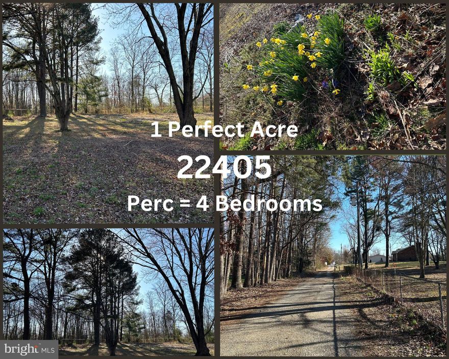 This is the lot you have been waiting for! 6 MINUTES TO THE TRAIN STATION!!  This residential building lot has everything going for it. Beautiful, open One Acre Plus (1.09) lot located off a short private no-thru road in 22405, extremely CLOSE IN to schools, shopping, transportation--Leeland Road commuter rail minutes away, and all conveniences.  Very quiet with no traffic in front of your house but easy access to the main road.. This is exceptional land to build what you like! No HOA or covenants!  Or buy now and build later. It has recently been perced for a 4 bedroom home, with  full reserve capacity.  BONUS, Public water access at the corner of the lot with utility easement in place. The lot is large enough to accommodate most designs with space to spare. Recent plat available. Mostly flat but with a gentle roll. Comes partially fenced and backs up to a community buffer area with a planted grove of young trees. Recent plat with ingress egress and utility easements in place There is a potential to create a family compound on adjacent  house and land.. Please see VAST2032754 for more details.  Electric  nearby and Cox cable available.  All the hard work has already been done. Ready to be built on. Very few lots like this!