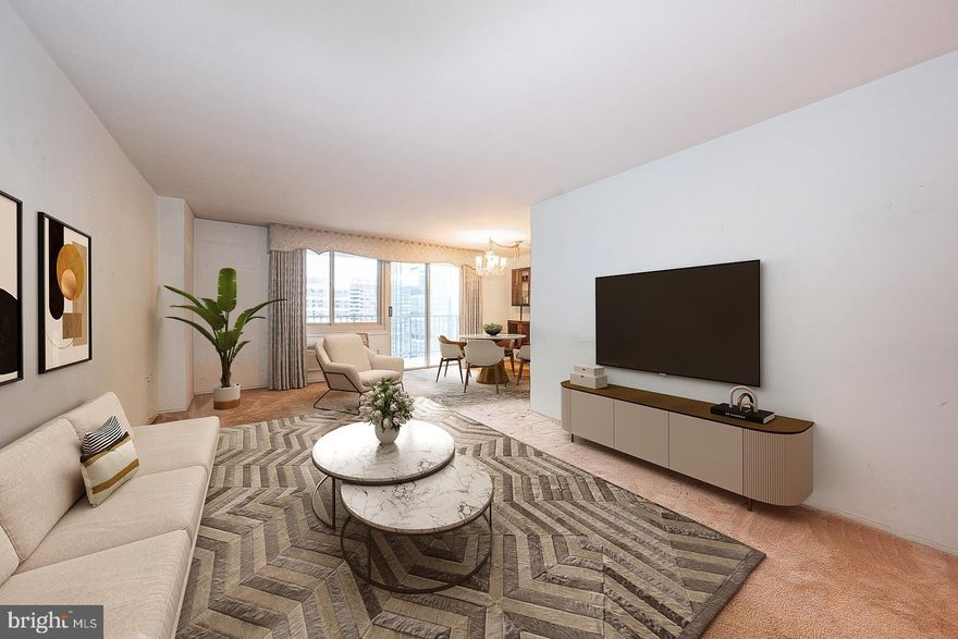 Welcome to this 25th-floor one-bedroom, one-bath residence at the desirable William Penn House, perfectly situated in Rittenhouse Square. Spanning 837 square feet, this unit offers an open-concept living and dining area filled with natural light and sweeping city views, complete with sliding glass doors leading to a private balcony—ideal for morning coffee or evening relaxation. The galley kitchen provides abundant storage and workspace, along with the convenience of in-unit laundry.  A spacious bedroom features hardwood floors and ample room for comfort and style , and full hall bathroom with bathtub completes this unit.  With great bones and an unbeatable location, this home is ready for your personal touch—an excellent opportunity to make it your own in one of the city’s most sought-after neighborhoods. The WPH has 24-hour Security & Doorman, On-Site Management & Maintenance, Amazing Rooftop 25-meter Swimming Pool w/breathtaking views, Complete Fitness Center, On-Premises VALET PARKING available for $80 per month, THE MONTHLY FEE INCLUDES ALMOST EVERYTHING: All Utilities including electric, heat, air conditioning, water & basic cable, All Real Estate Taxes & Maintenance Package. This unit has an abundance of closet space, Washer and Dryer in unit, & newer top-of-the-line windows. This spectacular building has NEVER HAD AN ASSESSMENT! Nominal real estate transfer tax & no title ins. required. Experience the ability to walk out your door to first class, 4-star restaurants, fabulous shopping & all the conveniences of this sought after neighborhood. WPH has a walking score of 98 on Walkscore! One time admin fee paid at closing.