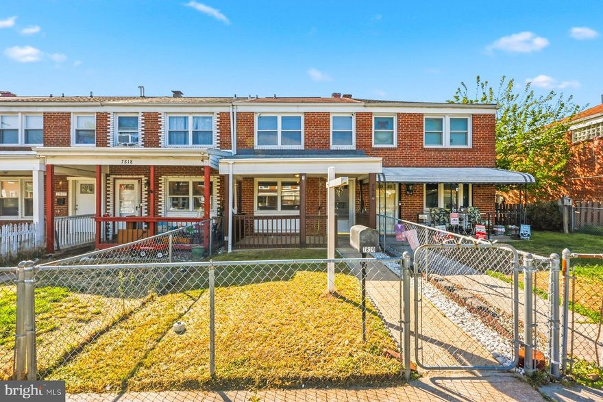 Welcome to 7820 Saint Bridget Lane in Dundalk!  You’re sure to love this spacious 2-bedroom, 2-bathroom rowhome featuring One-Car Off-Street Parking and a covered Front Patio at grade—no steps required to enter your new home.  Freshly painted from top to bottom with brand-new carpet installed just prior to listing, this home is truly move-in ready.  Enjoy easy living in the bright, open layout with an expansive Living Room that flows seamlessly into the Kitchen and Dining area.  Upstairs, you’ll find two generously sized Bedrooms—part of one of the largest two-bedroom layouts in Dundalk—along with a Full Bathroom. The fully finished lower level offers a wide-open floor plan, a second Full Bathroom, Laundry access, and walk-out stairs leading to a fenced rear patio. No space is wasted in this thoughtfully designed home. Parking is a breeze with a rear parking pad or ample street parking right out front. Conveniently located with easy access to North Point Blvd, I-695, and I-95, you’re just 15 minutes to White Marsh, 20 minutes to downtown Baltimore, and less than 10 minutes to shopping, dining, and everyday conveniences to include a Super Walmart.  Don’t miss your opportunity—schedule your showing today!