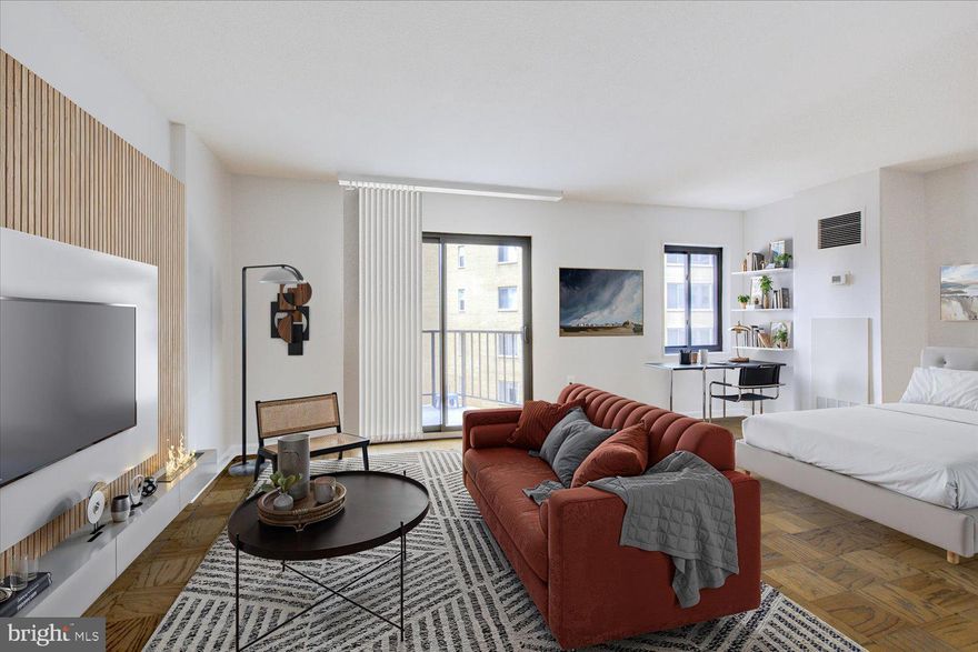 MUST SEE sparkling renovation of Webster House studio. The brand new, open kitchen offers a light & bright space with expanded counter space for food prep as well as a built-in peninsula for dining.  Enjoy new stainless steel appliances and under-mount sink.  The living space features refinished parquet flooring and a sliding glass door leading to a spacious east-facing balcony.  Other units in the building with a similar layout have added a wall or screen between the living and sleeping areas to create a separate sleeping area and that would be relatively easy to do here.  The equally brand new bathroom sparkles with new lighting (including a stunning lighted mirror) and extra large vanity.  With three generous closets, you will not lack for storage space!  Come summer, enjoy the rooftop swimming pool and deck.  Step outside and the many restaurants, shops, parks and metro access of Dupont Circle are yours to enjoy.  Unit is virtually staged.