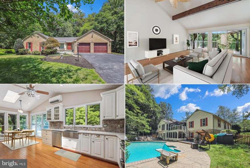 Welcome to 12334 Folkstone Drive, a custom-built brick front rambler nestled on a nearly one-acre (.95) lot in the heart of Herndon, VA. This exquisite home, set within the desirable Oakton high school pyramid, offers a serene retreat with its private, wooded views with a back yard pathway leading to the custom bridge spanning the burbling creek leading to nature pathways through a peaceful wooded wonderland adjoining the backdrop of an 22-acre common area parcel. As you step inside, the vaulted ceilings in the kitchen and living room create an airy and grand ambiance, while the fully renovated kitchen, boasting quartz counters and a picturesque view, becomes the heart of the home. The warmth of the hardwood floors flows seamlessly throughout, leading you to the cozy family room where the brick masonry fireplace invites you to relax and unwind. This rambler features a generous layout with 5 bedrooms and 4.5 baths, including a lower-level floorplan that has a private entrance, separate/private alarm and parking area/garage for independent living and ideal for separate living quarters, ensuring privacy and comfort for all residents and guests. The home's windows and exterior doors have been replaced, enhancing its energy efficiency and aesthetic appeal. Step outside to discover the Anthony Gunite pool, the centerpiece of the outdoor oasis, surrounded by several sun and shade decks, and access to a full bathroom, for dressing and showers before/after swimming. The convenient poolside kitchenette and screened porch make entertaining a breeze, allowing you to host memorable gatherings with ease. For the car enthusiast, the property boasts a detached 4-car climate-controlled garage, perfect for classic cars or as a spacious workshop. The attached 2-car garage provides additional space and convenience. also included is a spacious, solid construction, 2-level shed. 12334 Folkstone Dr is more than a home; it's a lifestyle. Embrace the tranquility of this rambler's natural surroundings while enjoying the modern comforts and unique features it offers. Don't miss the opportunity to make this your own private haven.