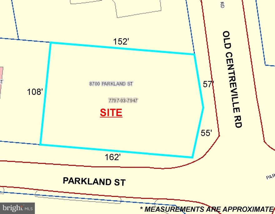 Prime commercial corner lot, zoned B-1 (general business).  Corner location with excellent visibility on Old Centreville Rd. Zoning allows many commercial uses. Approx. 120' frontage on Old Centreville Rd. 13,000 Annual Average Daily Traffic (AADT) on Old Centreville Rd.