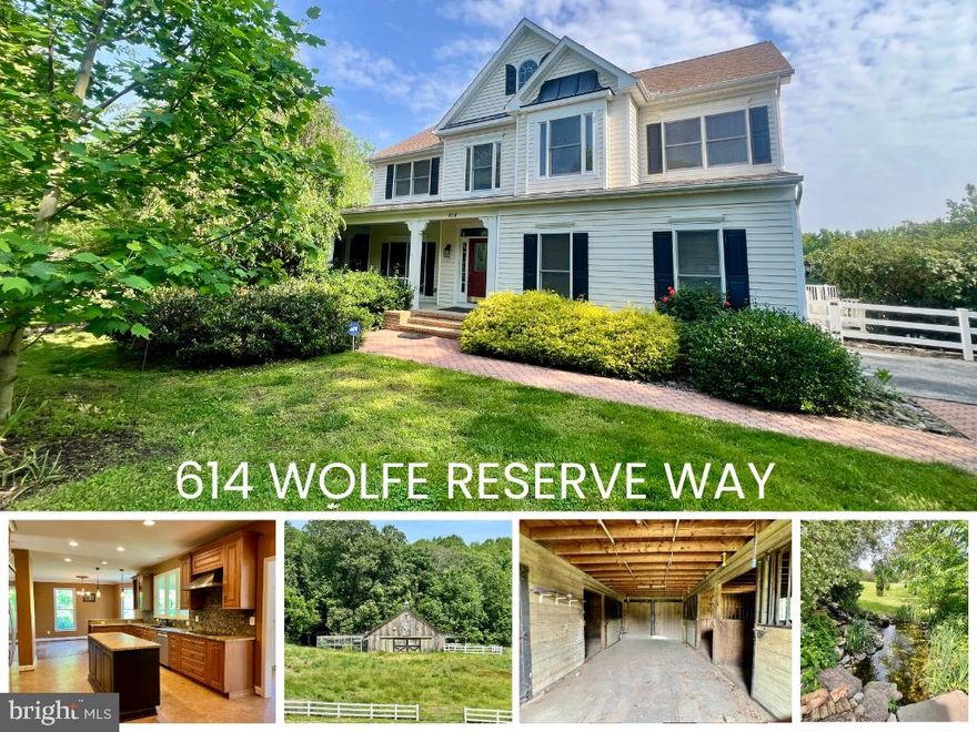**72 HR KICK OUT CLAUSE** Welcome to 614 Wolfe Reserve Way—an exceptional opportunity in a private enclave of homes within the South River School district. Nestled on over 5 lush acres, this home offers a unique combination of luxury living and equestrian amenities, all just minutes from major commuter routes (20 min. south of Annapolis and just 45 minutes from both DC and Baltimore). 

The main level features a private dining room, gourmet kitchen with newer appliances, additional eat-in and island dining space, a spacious family room with gas fireplace, powder room, four seasons room (with mini split HVAC unit) leading to the expansive deck and a mudroom/laundry room with easy access to the garage. 
The upper level features the primary suite with a full bath and walk in closet along with 3 additional spacious bedrooms which share a hall bath. The walk-out lower level includes a den that could serve as a 5th bedroom or in-law suite, a rec room/theater space and ample storage - providing flexible living options. There is even an additional garage bay off of the walk-out basement french doors for all of your lawn care equipment. 

Ideal for equestrian and hobby farm use, the property includes a center aisle 3-stall barn (approx. 24x36, stalls approx. 12x12) (with a new roof!), a hay loft, fenced pasture, and a ring (approx. 90x130) with sand/bluestone blend footing and solar lighting. 2 of the stalls open to a smaller sacrifice paddock - great for rotational grazing and/or rehab needs. There is also a separate hay storage shed. 

Additional highlights include perennial gardens, fruit trees, and a tranquil multi-tier koi fish pond with waterfall features -- offering a serene environment surrounded by abundant wildlife.

The Amish shed by the ring will be cleared out prior to closing and the scooter will be removed --- any other personal property that remains will convey.