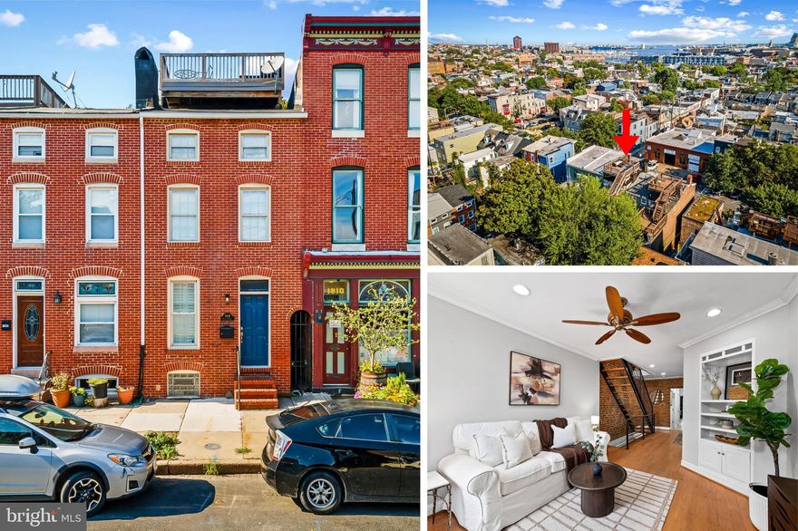 Welcome home to this beautifully updated Fells Point charmer, just blocks from the water, historic Thames Street, and right next door to Baltimore favorite, Little Donna's. The perfect blend of charm and modern style, with exposed brick, custom built-ins, a sleek modern staircase and a rooftop deck with skyline and water views! The light timeless kitchen features tall ceilings, crown molding, a pantry, and convenient main-level powder room. Step right out to your private shaded patio, a perfect place to grill or a peaceful place to unwind. The second level offers two bedrooms and a large shared hall bath, with the rear bedroom perfectly suited for a home office, nursery, or gym. The top floor hosts a spacious third bedroom with a walk-in closet, a full bath with a large walk-in shower, and hallway access to a two tierTREX rooftop deck boasting sweeping views of the skyline and water. Character, comfort and location all wrapped into one, this prime Fells Point home is a rare find at a fantastic value, so don't miss it! Seller updates include: kitchen floor retiling, 3rd floor bathroom updates (2025), rooftop deck TREX upgrade, partial roof replacement over 2nd floor rear bedroom (2023), water heater (2022), stove, microwave, fridge, dishwasher (2021), HVAC (2020).