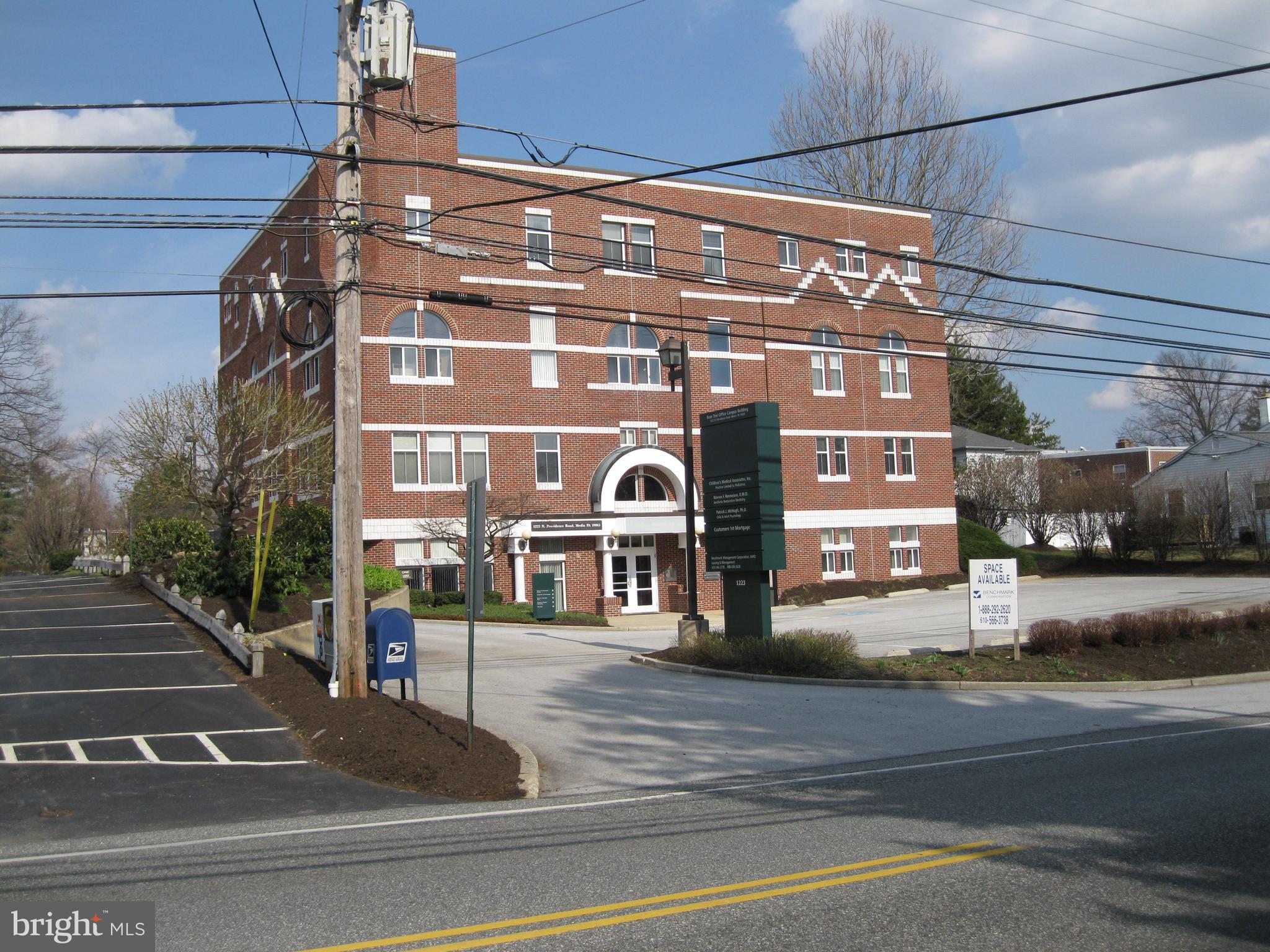 Excellent Office Space, close to downtown Media, DiFabio's Market & Tap next door, Super Wawa across the street, 10 minutes to the PHL International Airport. 1st Floor Office Suite, 2nd floor Office Suite and Ground Floor Bank or Office Space Available