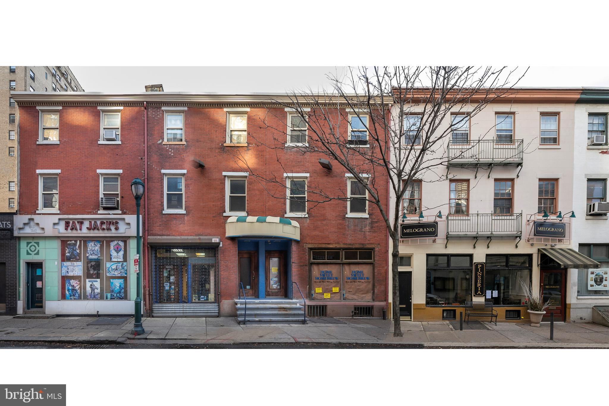 Rare offering of Five Historical Buildings in Rittenhouse Square Area. CMX 4, Center City Commercial Mixed -Use. Presently there are 3 ground floor retail spaces, three office spaces, and three apartment units. (also garage & office on Moravian) The building sits on three parcels and totals 14,077 sq.ft. Home of Melograno restaurant and Fat Jack Comic book store. This is a prime location with plenty of pedestrian traffic. Call Listing agent.