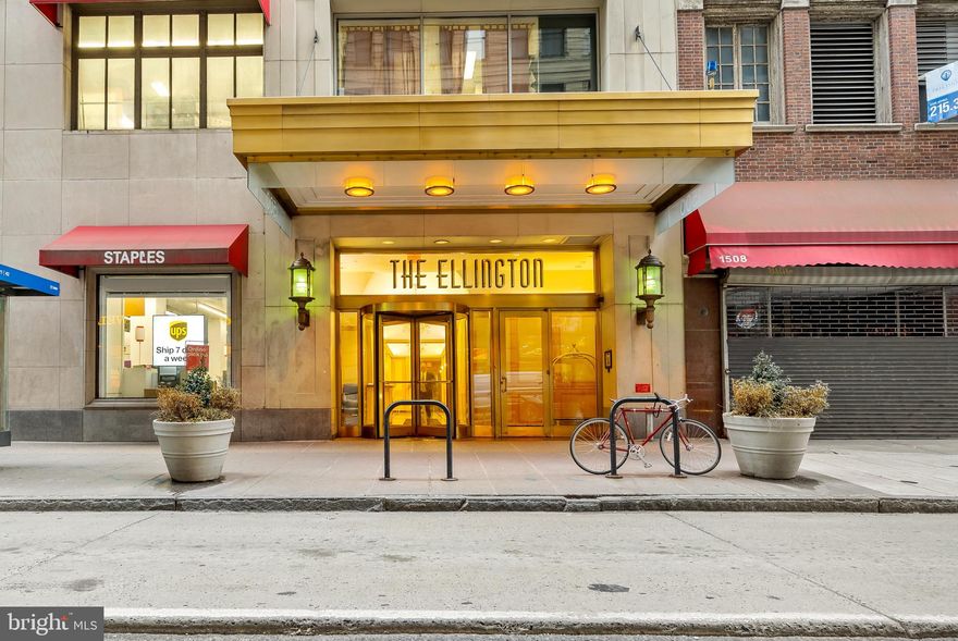 Welcome to unit 4H at the Ellington! Upon entry into this light filled one bedroom, two bathroom unit and den, you’ll find ten foot high ceilings, oversized windows and Brazilian cherry hardwood floors. The kitchen with breakfast bar features custom  cabinets, stainless steel appliances, Kohler fixtures and granite countertops. A spacious bathroom features White marble tile flooring, designer fixtures and storage vanity. The unit includes a  washer and dryer and built in shelving in the closets. The condo fees include central air and heating, water and sewer, 24 hour concierge, private fitness center and club room. Step outside to the heart of center city, perfect for shopping and fine dining!