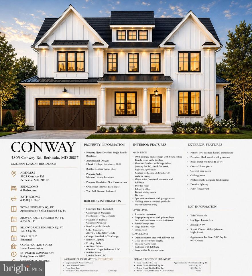 Introducing 5805 Conway Road, Bethesda, MD 20817 being built by Linbisa Prime and with Claude C. Lapp Architect a stunning new luxury residence offering approximately 5,672 sq. ft. of thoughtfully designed living space with 6 bedrooms, 6 full baths, and 1 half bath in the highly sought-after Walter Johnson High School cluster.

This custom home blends timeless modern farmhouse architecture with today’s most desired luxury features, including:

✨ Grand chef’s kitchen with oversized island

✨ Separate scullery kitchen with walk-in pantry

✨ Main-level guest suite

✨ Open-concept family room with fireplace

✨ Luxurious primary suite with spa-inspired bath

✨ Upper-level family lounge

✨ Glass-enclosed wine display

✨ Wet bar and recreation room

✨ Exercise room

✨ Covered front and rear porches

✨ Professionally designed landscaping

✨ Fully fenced backyard

✨ 2-car garage

Designed for both everyday living and elegant entertaining, every detail has been carefully curated to create a truly exceptional home.

📍 5805 Conway Road

Bethesda, MD 20816

📅 Estimated Completion Spring/ Summer 2027. Call today to tour with the listing agent. (More images coming soon)