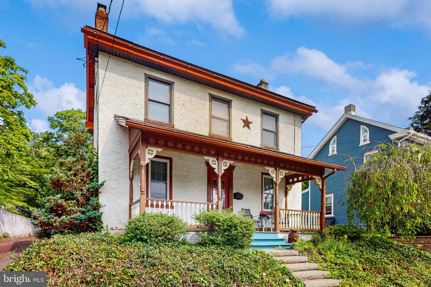 Farm House built in 1850 in the Borough of Perkasie.  Rocking chair front porch leads you into the  first floor living space with a formal living, dining, and family room with beautiful wood floors, built-in book shelves, ceiling fans, and recessed lighting. Completing the first floor is the remodeled kitchen with granite countertops, subway tile backsplash, breakfast bar and custom coffee bar. The highlight of the first floor is the sun room with skylights, and wall of windows overlooking the patio and deck that provide a great outdoor living space.    Upstairs you will find  three spacious bedrooms all with wood floors & ceiling fans. The full bath has been updated and provides a tub/shower,  vanity, and  tile floor. There is an unfinished walk up attic with great storage. The detached garage offers a finished space above for home office, gym, or extra storage. The partially fenced  rear yard extends behind the garage for all your outdoor activities. Former owner disclosed the skylights & roof were replaced in 2020.  Located in walking distance to local shops, restaurants, and parks.