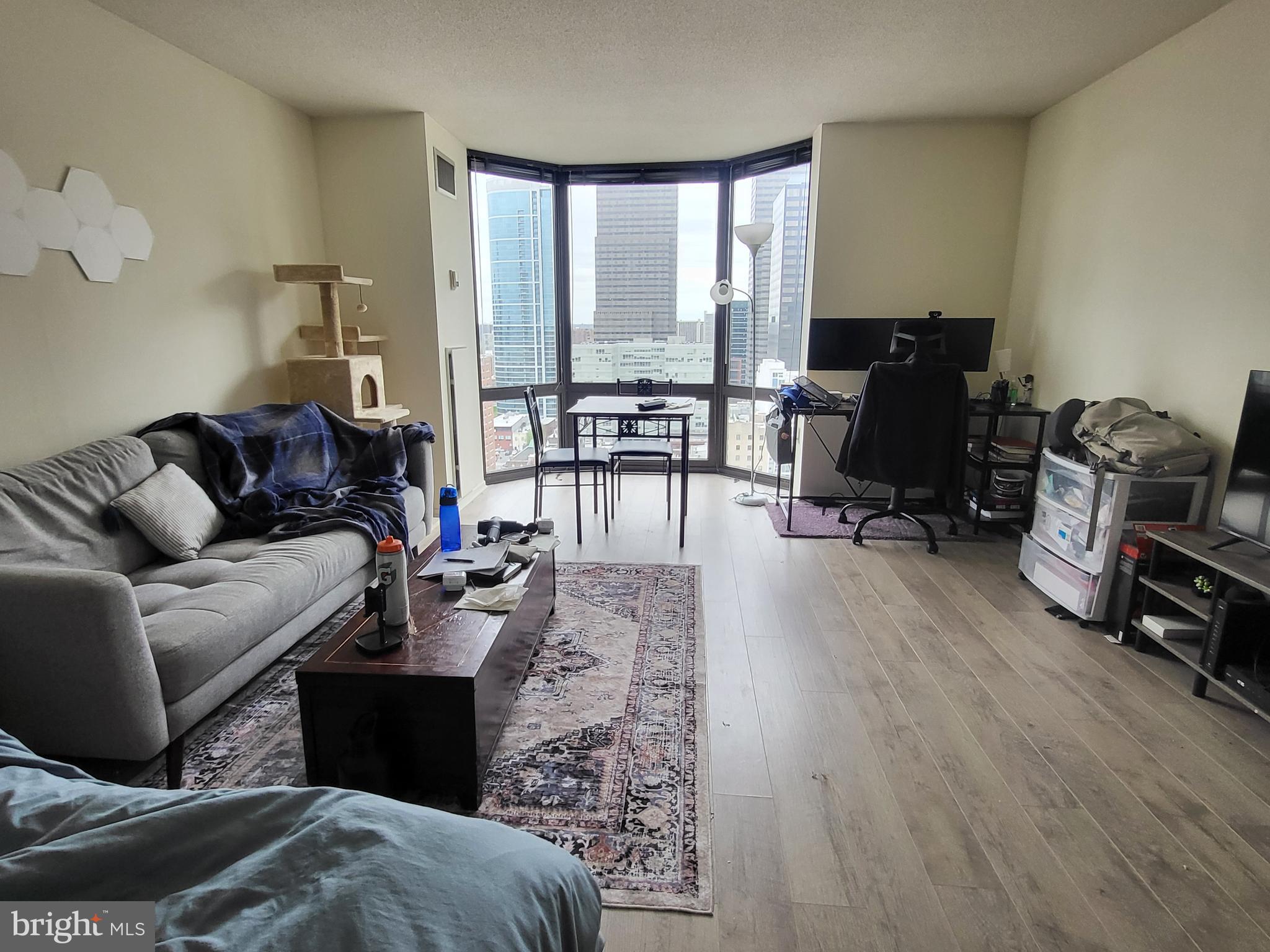 Tastefully updated studio on a high floor of The Wanamaker House, steps from Rittenhouse Square! This perfectly sized studio offers updated vinyl flooring throughout and bay windows overlooking Center City. Adjacent to the spacious living area, there is kitchen with wood cabinetry and white appliances. The full hall bathroom features an updated vanity and shower/tub combination. Additionally, there is excellent closet space throughout. The Wanamaker House is located one block from Rittenhouse Square and provides easy access to both Center City and University City; residents enjoy a 24-hour doorman, a seasonal rooftop pool, a fitness center, and a parking garage available for an additional fee (subject to availability). All common areas were recently renovated including the lobby, hallways, meeting room, amenity lounge, and fitness center, designed by world- renowned architect Cecil Baker.