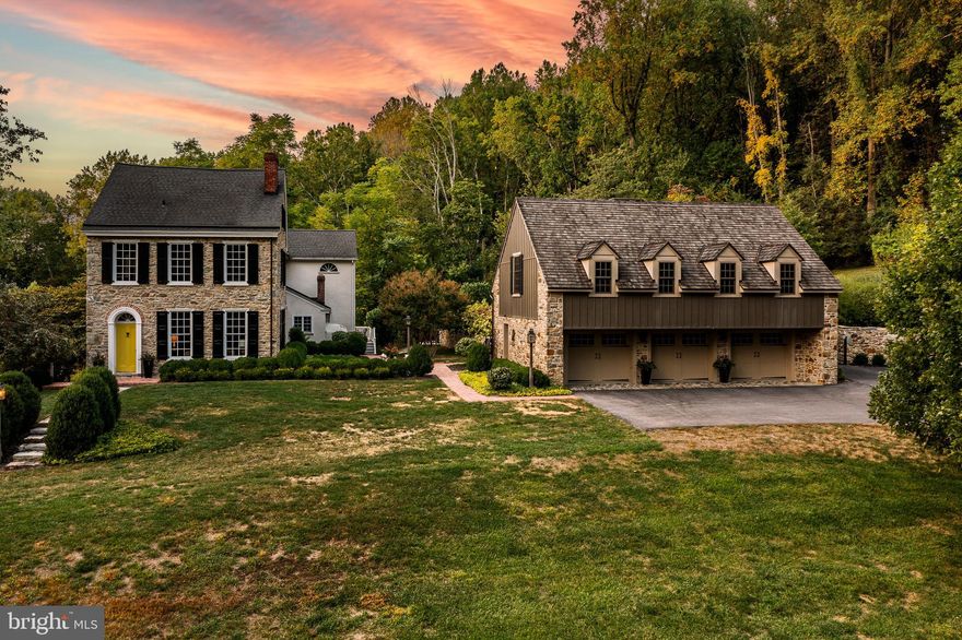 Rarely do you see a three acre property with such incredible privacy made possible by being surrounded by one hundred forested acres of township park land! Overlooking the Brandywine Valley and close to the Struble Trail, this property features a circa 1800 four bedroom, five bathroom home with a fabulous combination Three Car Garage and Pool House that was beautifully designed by Period Architecture. The house overlooks a picturesque Pond and Spring House. The current Entry into the home is by way of a covered flagstone patio into an 1800’s entrance room with open beam ceiling. The original cooking pots and beehive oven have been preserved. Housed in an addition, the fabulous newer Kitchen features beautiful quartz countertops and ample cabinet space. All of the stainless appliances are high-end. Adjacent to the Kitchen is a Breakfast Area with lofted ceiling, perfectly set under a Palladian window to capture the view. Two atrium doors access the expansive Deck which offers further private views of the Pond and Brandywine Valley. The Kitchen overlooks the Family Room with a cozy gas fireplace, ceiling fan, and lots of windows, perfect for enjoying the fabulous view. Off the Family Room is a Full Bathroom and a spiral staircase to the Primary Bedroom. The current entry also leads one to the antique part of the home. Here we find a Dining Room used by the present owners as a Sitting Room. This room features the original cooking fireplace, complete with the original crane. From the Sitting Room one proceeds to the home’s original Entrance Hall with front door and main staircase to the upper level. The Living Room features a fireplace and several south-facing, nine over nine windows which fill this room with natural light. Off the Living Room is a Library with book shelving and storage closet. It is important to note that all of the rooms on this level, including those in the antique section, feature nine foot ceilings - a rarity in antique homes of this vintage. Also note that all of the antique section’s floors feature the original wood flooring. At the top of the staircase is the Primary Bedroom Suite. Located here is a large room set in the home’s antique section that features a ten foot ceiling! Here is the convenient location for the home’s Laundry and accesses to a private deck overlooking the Entry and pool area. This space could easily house a Home Office or Dressing Room. The carpeted Primary Bedroom features five windows which offer fantastic views, access to the spiral staircase to the Family Room, and a ceiling fan. Off the bedroom is a large Walk-in Closet and the Primary Bathroom. Found here are “his and her” vanities, a shower, commode closet, and a Jacuzzi tub set under a Palladian window. Bedroom 2 has a fireplace and easy access to the Hall Bathroom. Bedroom 3 also has a fireplace and has an en-suite bathroom. On the third level is found Bedroom 4 which has a large cedar closet and access to the attic. There is also a Hall Bathroom. All of the home’s windows were either rebuilt and insulated or are new. The newer Pool House and Three Car Garage features a sitting area with a beamed ceiling and massive stone fireplace adjacent to the magnificently designed pool which is surrounded by a stone deck, stone walls, and stunning landscaping. The spacious c.1830 Stone Barn has two levels. The voluminous top level is currently used to house the owner’s car collection but also sports a basketball net. The lower level has sufficient storage space for lawn tractors and assorted equipment. There is also a large workshop that would be perfect for a woodworker. An additional stone building awaits your vision. Located in the sought-after Downingtown School District, this property is conveniently located for the commuter.