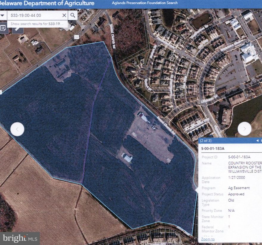This listing also includes Tax Parcel 533-19.00-44.00 which is another 29.48 acres. The 3 bedroom and 2 bath rancher is a hazard as the home has been sitting for quite sometime.  I do not recommend going in the home. The properties are subject to the Agricultural Lands Preservation Easement and is a permanent easement. Residential use is limited to two acres. Second farm house is a tear down.