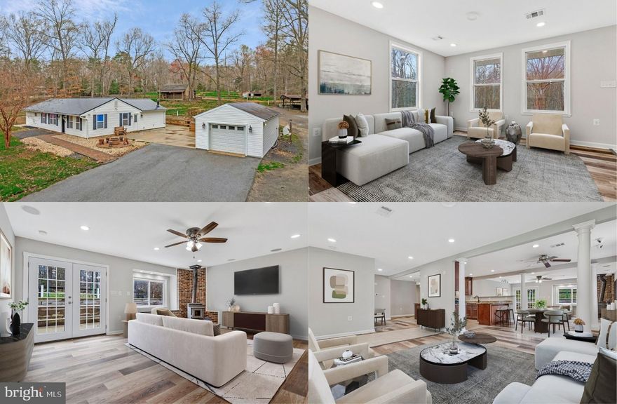 Tucked away on 4.27 private acres, this Brandywine property offers a rare blend of peaceful living, functional space, and room to truly enjoy the outdoors. From the moment you arrive, you will appreciate the wide-open setting, ample parking, and the versatility this property provides. Designed with both everyday living and entertaining in mind, the grounds feature an expansive patio with firepit area, a large pavilion perfect for gatherings, a detached garage, garden area, a 4-bay horse stable, fenced areas, riding ring, and a chicken coop, making it ideal for those looking to embrace a more rural or hobby farm lifestyle. The home itself has been renovated throughout and offers convenient one-level living, with 4 bedrooms and 3.5 bathrooms, along with two separate living areas and a dedicated dining room that provides flexibility for both relaxing and entertaining. Inside, you will find an open layout with walls of windows, fresh updates throughout including new luxury plank vinyl flooring and fresh neutral designer paint, and a warm and inviting feel with a family room with wood stove. The spacious kitchen features gleaming granite countertops, an abundance of upgraded traditional and glass front wood cabinetry, and stainless-steel appliances including a brand-new smooth top range and dishwasher. The primary suite boasts a wall of windows, ceiling fan, large walk-in closet, and ensuite bath with dual vanities topped with beautiful granite countertops. Three additional bedrooms, each with ceiling fans, have their own private ensuite baths, while a powder room and laundry room complete the comfort and convenience of this wonderful home. Whether you are looking for space to entertain, room for animals, or simply a quiet retreat to call home, this property offers a unique opportunity to enjoy it all while still being within reach of major commuter routes, shopping, and dining. Beginning 6 interior photos are virtually staged.